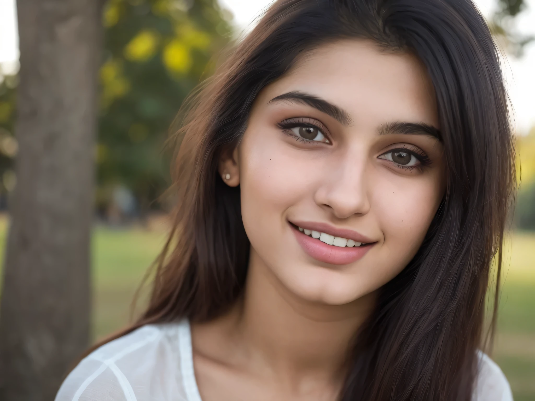 (editorial photograph of a 21 year old white skinned beautiful Pakistani woman), (highly detailed face:1.4) (smile:0.7)  POV, by lee jeffries, nikon d850, film stock photograph ,4 kodak portra 400 ,camera f1.6 lens ,rich colors ,hyper realistic ,lifelike texture,  , cinestill 800, black hair, young, in a park