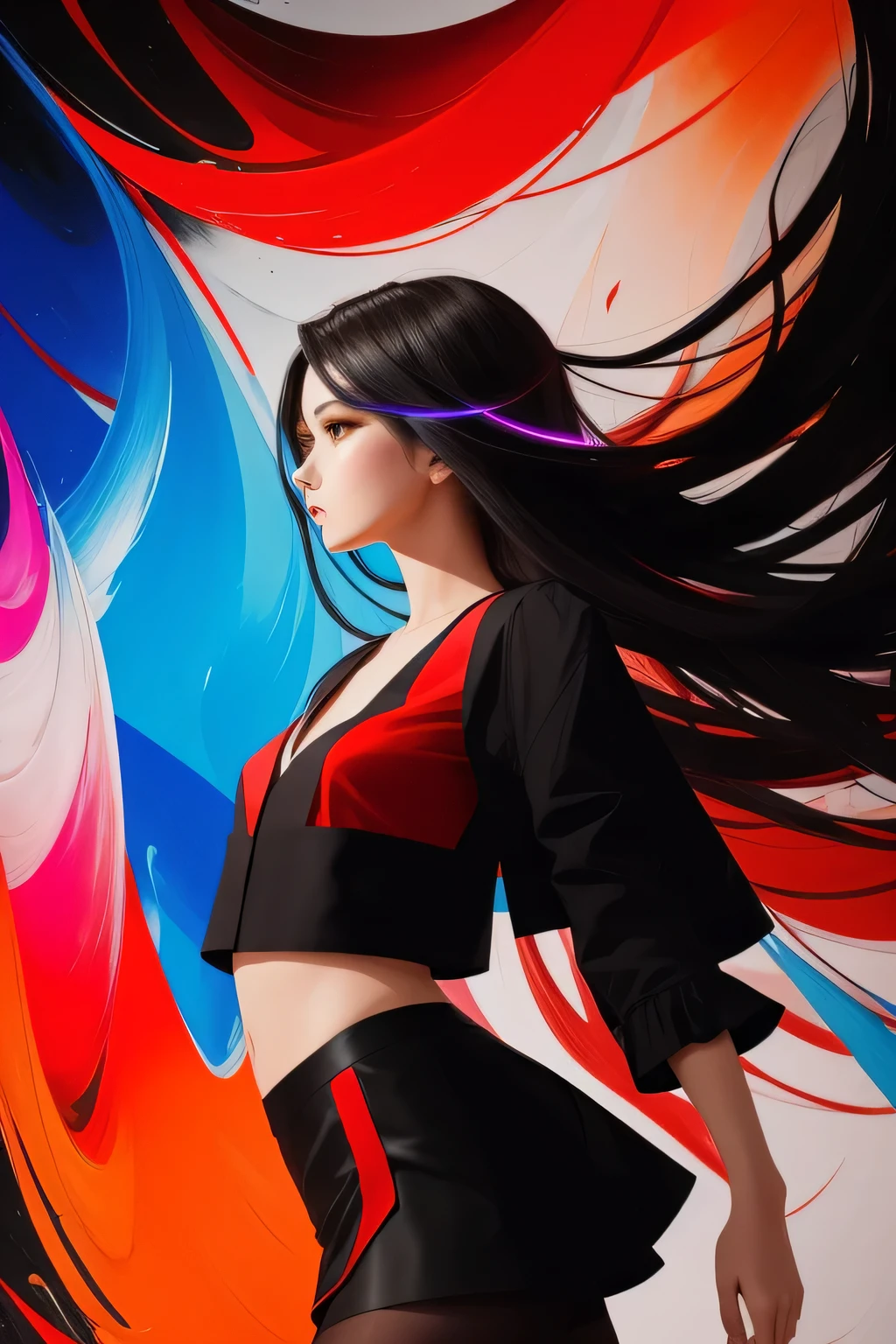 1woman wearing trendy clothes, in an abstract oil painting style, fashion show, The painting is ultra-high detailed and has a resolution of 8k, showcasing the best quality and craftsmanship. The background is colorful, with a touch of fog and smoky, creating a mysterious atmosphere.the city that never sleeps、oilcolor Touch,(a woman:1.2), , luminous design, vivit colours,spring lights,Artistic,azure, red (black pantyhose:1.1), black high heels, black short skirt