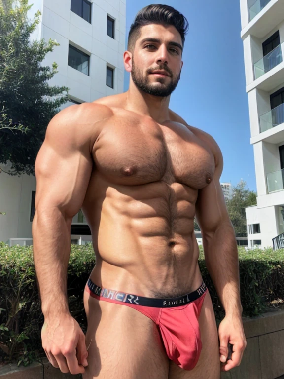 Hombre varonil con barba y ropa elegante parado frente a un edificio, cuerpo musculoso, enfoque en el pectoral, pectorales grandes, pectorales sin vello, cara definida, obra de arte, pelo cepillado, piel morena, dick bulge, daddy, dadbody