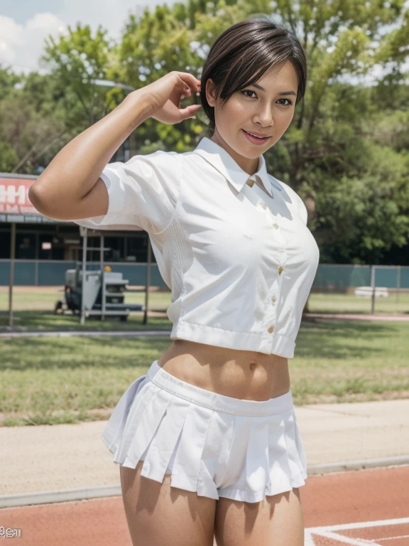 view from front,cowboy shot,Japanese,beautiful girl ,standing,running:1.2,legs spread,Peeing self:1.2, , peeing self, in track and field,(abs),(slender body),athletic,black hair, smile, white bloomers,(white uniform:1.2),track and field uniform,,very short hairstyle,(pee stain),super realistic person, RAW photo, real person:1.2, photorealistic, (very detailed skin:1.2), (very realistic skin:1.2),