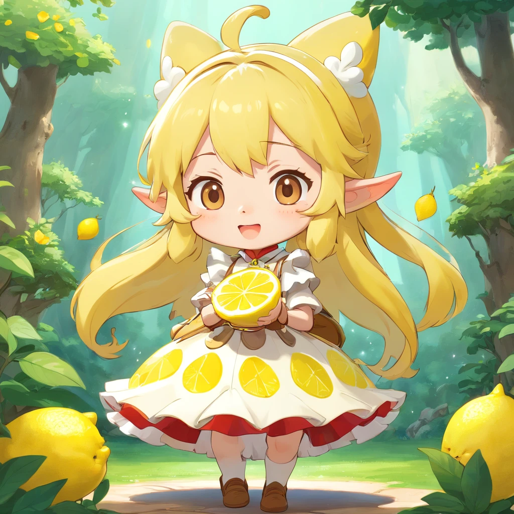 anime style, chibi style lemon meringue from strawberry shortcake, mocha skintone, lemon character, gnome background magical, full body, 3D Image