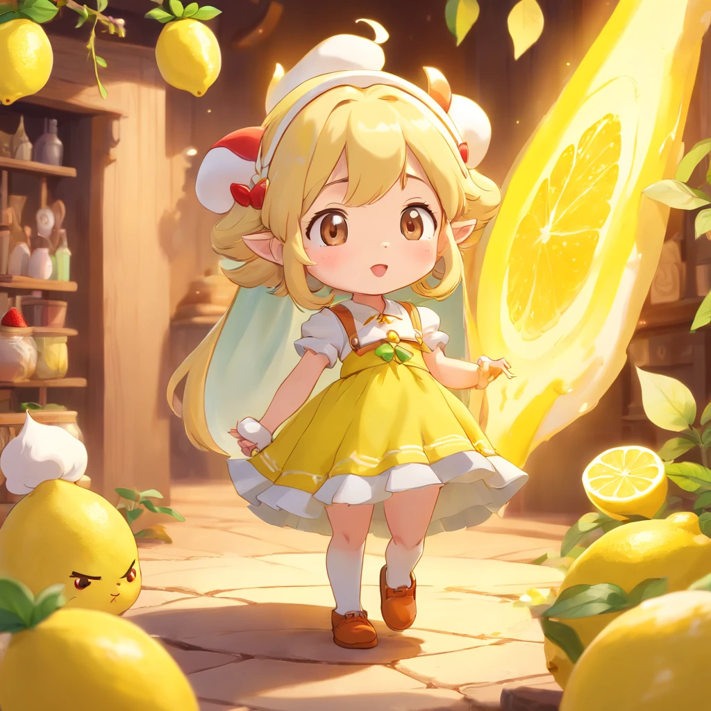 anime style, chibi style lemon meringue from strawberry shortcake, mocha skintone, lemon character, gnome background magical, full body, 3D Image 