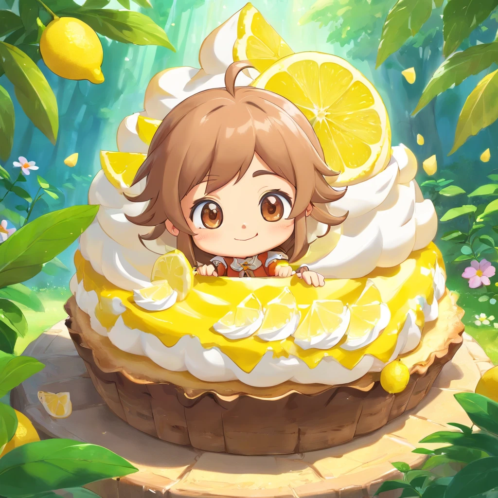 anime style, chibi style lemon meringue from strawberry shortcake, mocha skintone, lemon character, gnome background magical, full body, 3D Image