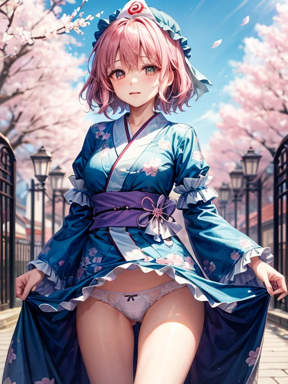 {highest quality}, {masterpiece}, saigyouji yuyuko, blue belt, blue kimono, {{cherry blossom print}}, frills, long sleeve, have, cowboy shot,pink ribbon,lift up the skirt,I can see my underwear,Looks embarrassed,