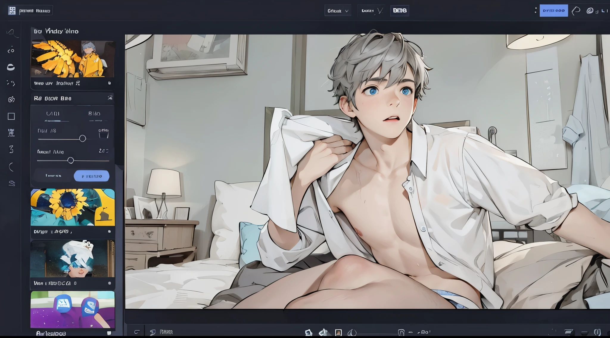 cute 16 year old boy blue eyes gray hair he is getting dressed sitting on the bed he just got up he is a little scared surprised he is talking to someone