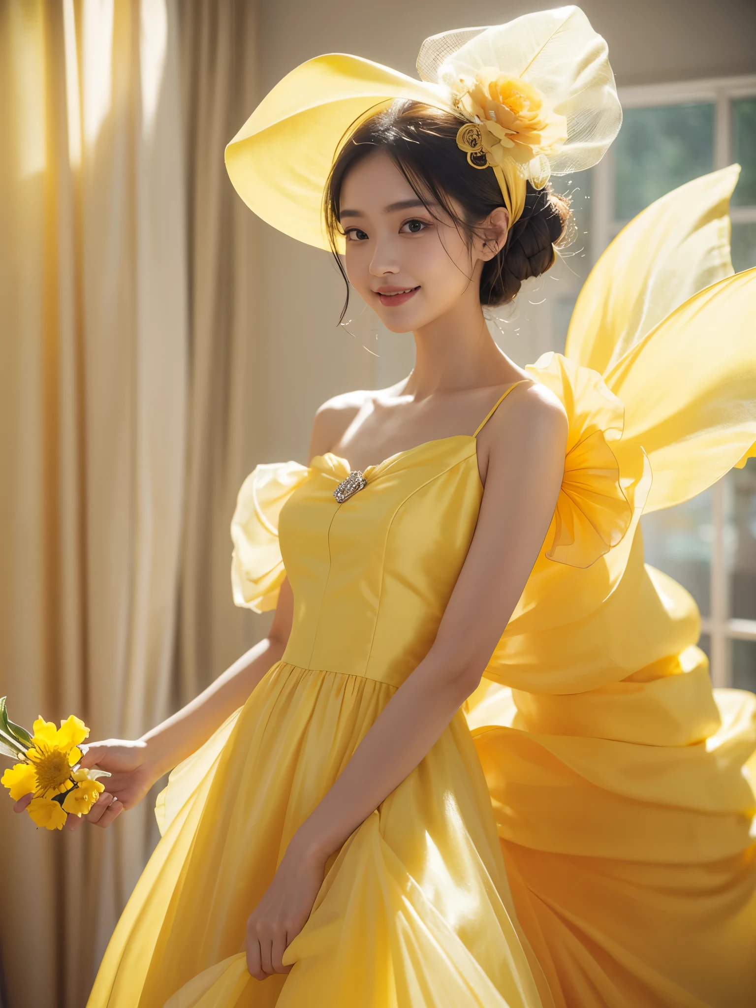 A woman in yellow is holding a flower in her hand, wearing yellow clothes, Wearing organza gowns and yellow ballroom gowns, yellow clothes, wearing a yellow suit, Stylish Editorial Photography, official valentino editorial, translucent dress, Subtle and dreamy, pastel orange, celestial fairy tale, very subtle, dreamy and heavenly, yellow pastel, Lots of merlot, official dior editorial, close up, smile while looking at me