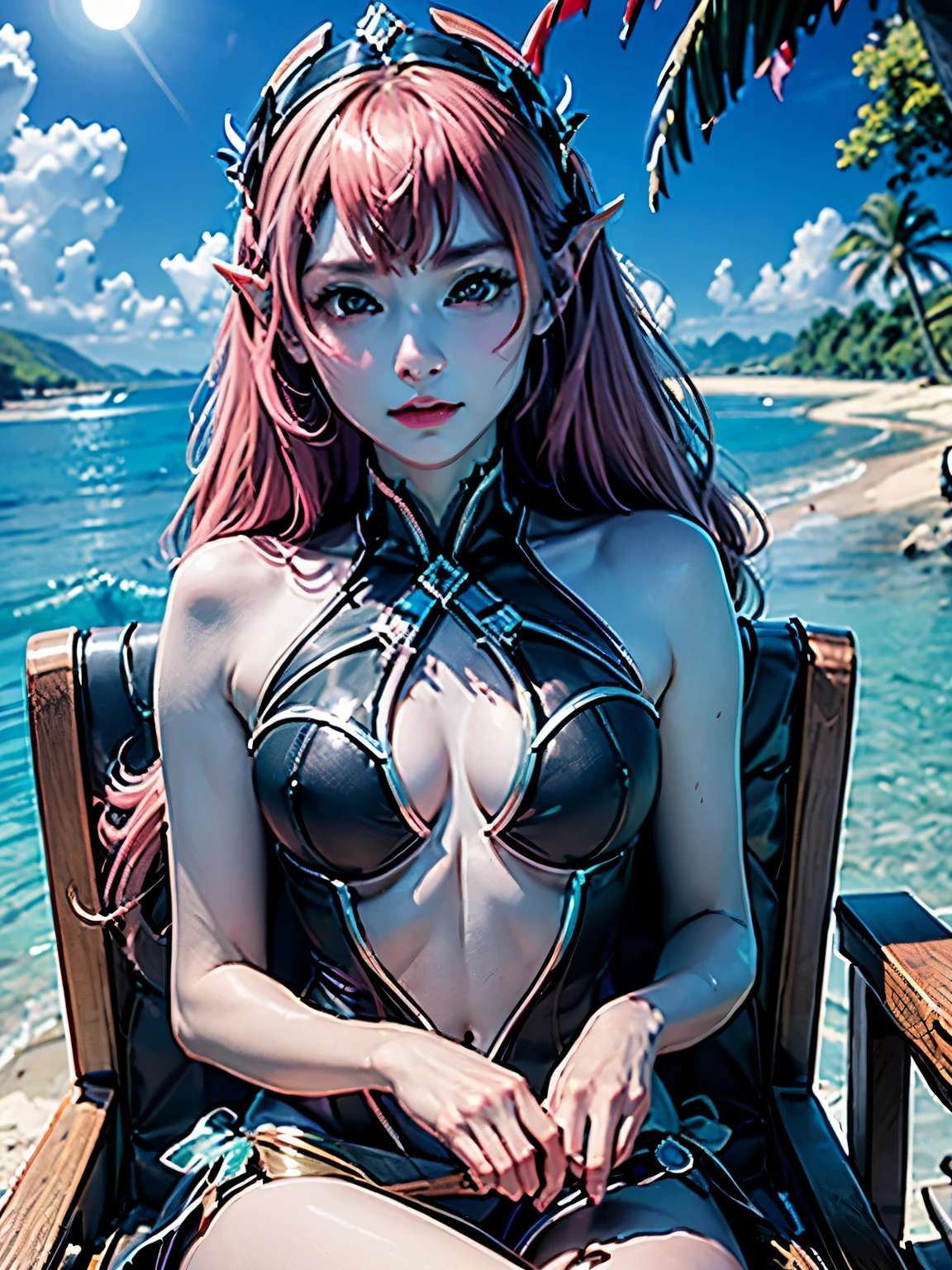 (maximum resolution: 1.2), (Ultra HDTV: 1.2), 8K resolution, Eye and skin detail, detailed facial features, , ( Sharp focus: 1.2), (Focus focus) exact) facial expression: 1.2), Girl sitting, ( monoglass), (Swimsuit), Bikini, (long hair), , (Beach), Sea water, Sand, Sunlight, Many coconut trees around,Gleaming under a moonlit grove, shards of moonlight piercing through ancient, twisted tree boughs, cloaked in midnight blue and emerald fabrics, swirls of astral patterns dancing along the hems, crystals encrusting the bodice shimmering with ethereal light, a crescent moon tiara crowning flowing obsidian hair, eyes aglow with arcane power, standing poised with a mythical staff, tipped with a sapphire hued orb radiating magical pulses, poised as if commanding the very essence of night, exuding an aura of enigma and danger, a scene of mystical allure, the air thick with spells yet to be cast, flora and fauna of the enchanted woods basking in the ambient sorcery, a visual symphony of power, elegance, and the silent whispers of the unseen.