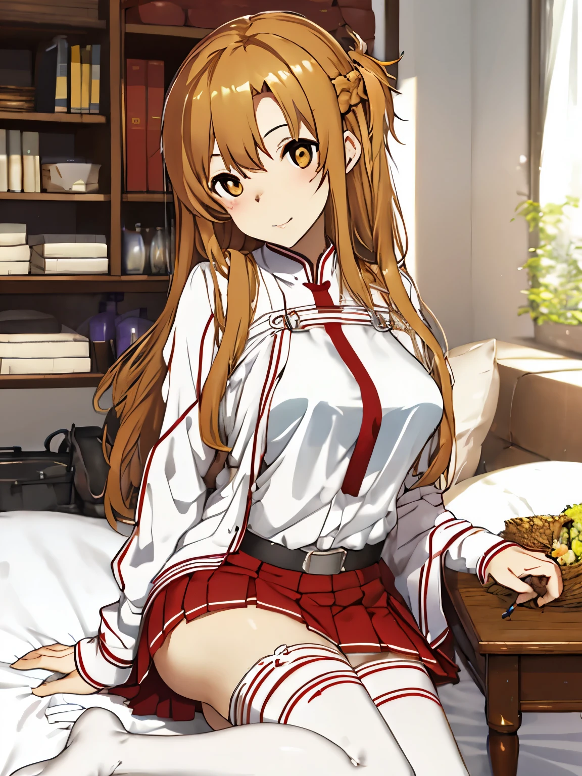 Asuna Yuki(Sword Art Online), dynamic angle, long bronze hair,Braid,brown eyes,fine eyes,big chest line,roll forward,armature,chest flap,long sleeve white shirt,removed sleeve,red and white skirt,pleated skirt,lively,Her thin legs are so cute.,very beautiful long legs.,white thighs,garter,perfect body,lively,Are standing,in the bedroom ,(((on the bed))),((skirt lift)), white lace panties,NSFW,kneel down,1 person、1 personの女の子