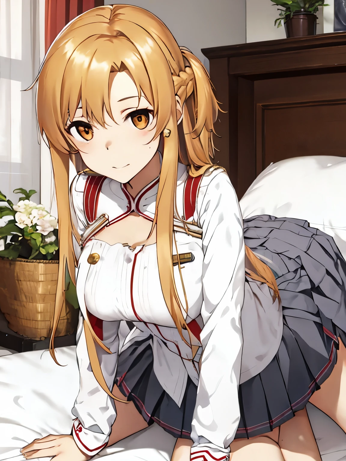 Asuna Yuki(Sword Art Online), dynamic angle, long bronze hair,Braid,brown eyes,fine eyes,big chest line,roll forward,armature,chest flap,long sleeve white shirt,removed sleeve,red and white skirt,pleated skirt,lively,Her thin legs are so cute.,very beautiful long legs.,white thighs,garter,perfect body,lively,Are standing,in the bedroom ,(((on the bed))),((skirt lift)), white lace panties,NSFW,kneel down,1 person、1 personの女の子