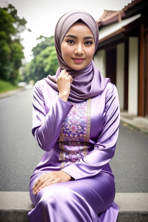 (Best quality, high resolution, masterpiece: 1.3), a beautiful Indonesian woman in hijab, big breasts, slim figure, sweatshirt, beautifully presented details in the street and facial and skin texture, detailed eyes, double eyelids, big eyeschest visible, shirt openfeatures), HDR, 8k resolution, nice fingers, firm skin, (((high detail skin, visible pores))), 1 female, tall body, sitting on the bed, 40 years old, big breasts: 1.4, wearing Floral Silk Tight Malay Gamis Pastel Close Up Tight Hijab, Full Body, Beautiful Shy Smile, Wearing High Heels, In Lux