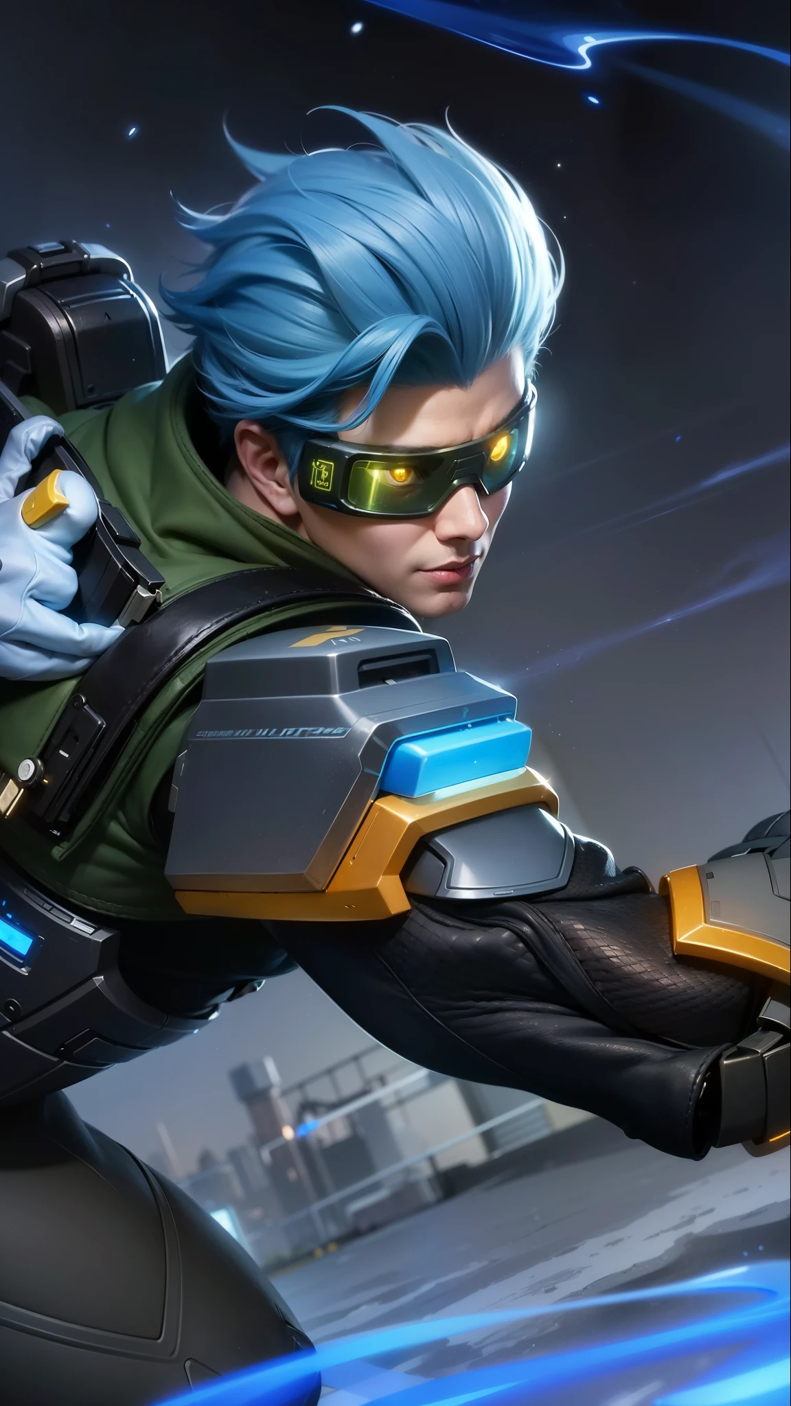 a close up of a person with a blue hair and a gun, sigma from overwatch, tracer game character, splash art, character splash art, iconic character splash art, sigma male, official splash art, league of legends character, tracer, style league of legends, kda, amazing portrait of viego, league of legends splashart, masterpiece, ((perfect eyes)) best quality, (semirealism:1.9), beautiful lighting, (extremely detailed CG unity 4k fhd wallpaper), High Detail, Sharp focus, dramatic outdoors, 1 boy ,19 years old, 8k, ultra hd, ultra detailed texture, hyper realistic, masterpiece, detailed texture, detailed face, detailed skin, detailed lighting, (photorealistic:1.5), best quality, beautiful lighting, cinematic lighting, professional lighting, ultra highres, realistic, detailed hair, real hair, high quality, (realskin:1.5), extremely detailed, finely detail, ultra-detailed, evil smile.
