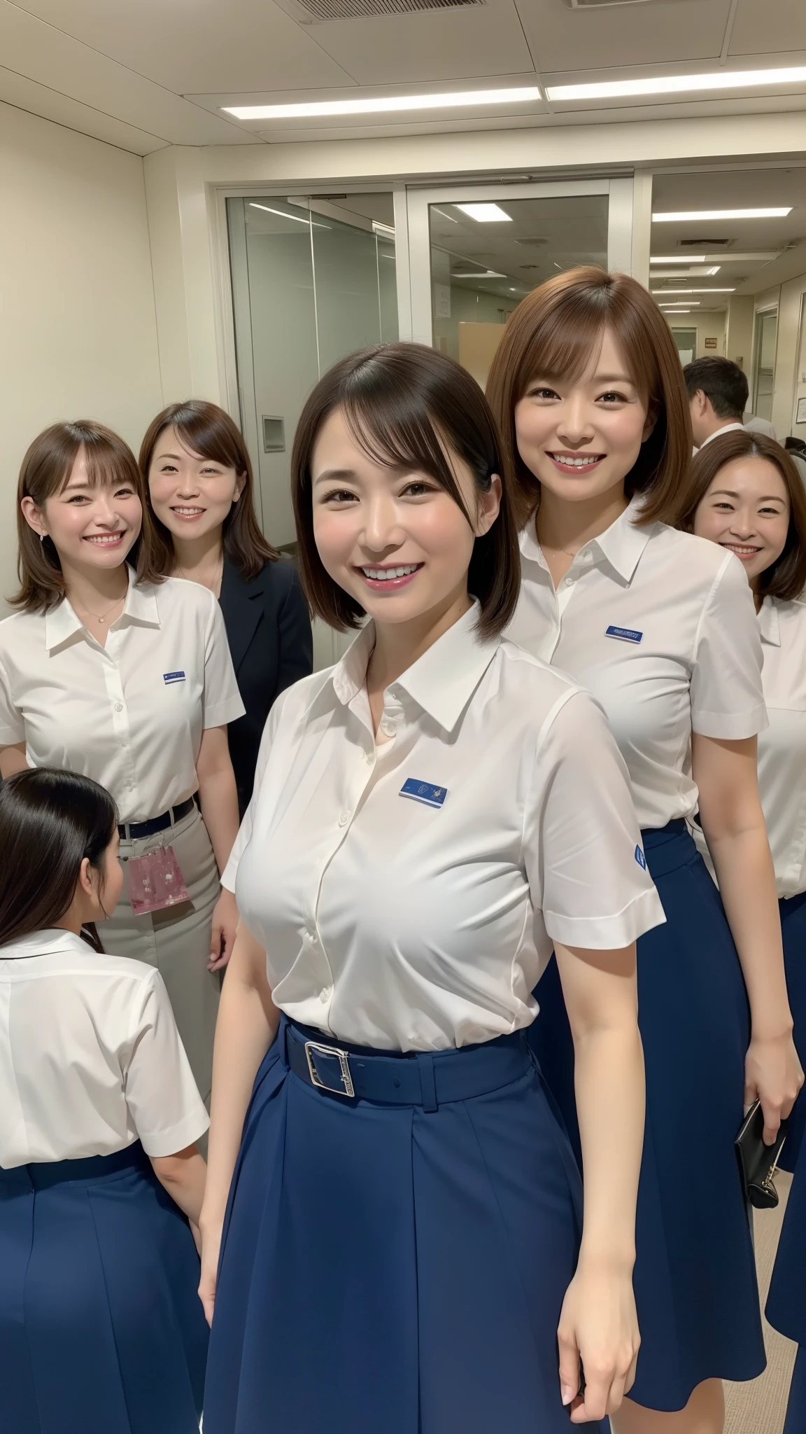 ((highest quality, 8K, Representative works in detail, ultra high resolution)), (group photo), (looking at the viewer), (middle shot:), Five attractive businesswomen,5 women, a little chubby:0.25, white short sleeve collared shirt, gray tight skirt, short skirt(officeの机にあぐらをかいて座っている)), smile, office、