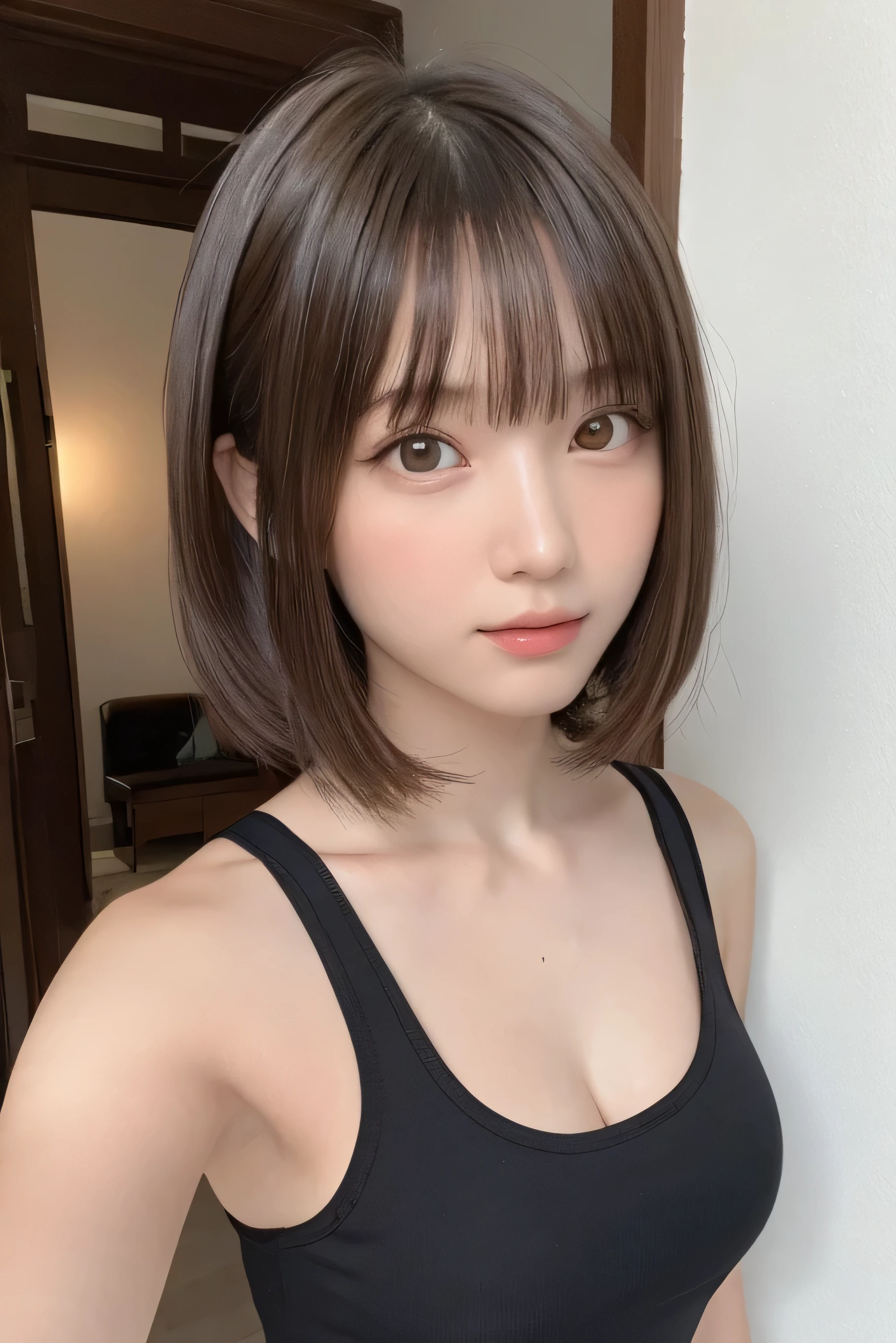 one girl, (beautiful girl, delicate girl:1.3), (16 years old:1.3), break, (black tank top:1.3), break, very fine resolution, (symmetrical eyes:1.3), break, (Dark room wall:0.7), perfectly trimmed fingers, break, C cup breasts, brown eyes, parted bangs, brown hair, break, (Eye and face details:1.0), break, (masterpiece, highest quality, super detailed, detailed face, 8K),（Selfie with right hand:1.9）