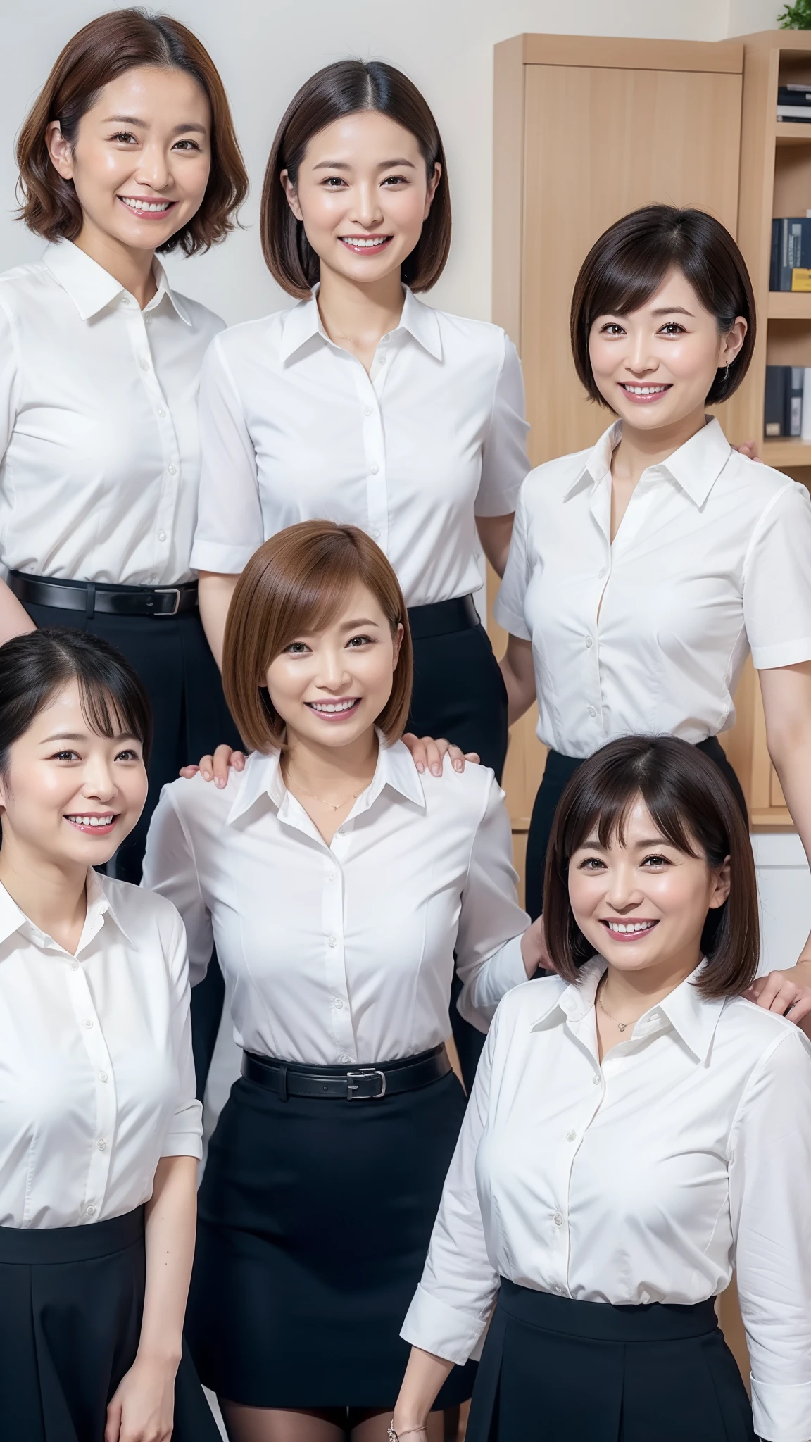 ((highest quality, 8K, Representative works in detail, ultra high resolution)), (group photo), (looking at the viewer), (middle shot:), Five attractive businesswomen,5 women, a little chubby:0.25, white short sleeve collared shirt, gray tight skirt, short skirt(officeの机にあぐらをかいて座っている)), smile, office、