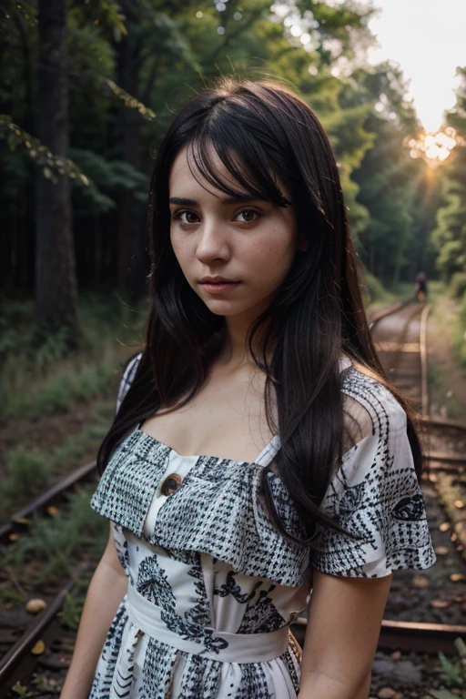 Tren girl, lavender dress, black wavey hair, black eyes, white skin, forest , brightsunset