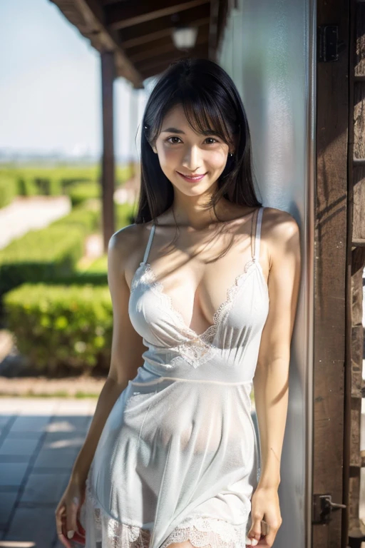 satin,Japanese beauty in a white lace chemise.,whole (body),black hair, aqua eyes, smile, Surrealism, depth of field, UHD, ccurate, anatomically correct, textured skin, super detail, high details, best quality, 4K,standing figure,small breasts,Long Slip,long skirt,Long Schmiese,Smaller breasts,Shoulder to knee schmeeze,skinny woman,Full body,Panties and bra are showing through
