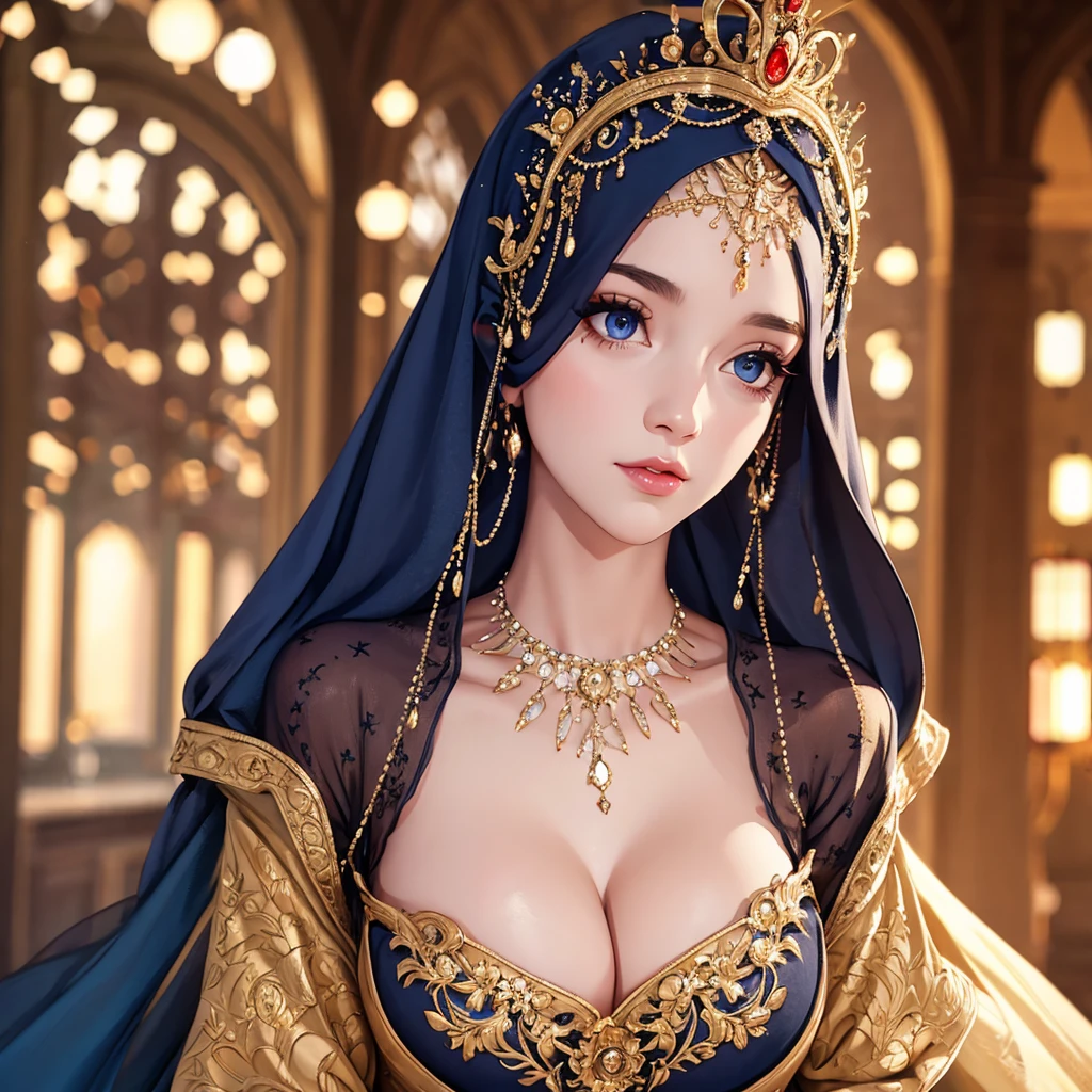 photography of Belle from Beauty and the Beast, (expose her tits),topless, royal gown(hijab), full cleavage, full body, beautiful, ((detailed face)), ((detailed eyes)), crown, majestic, perfect body, intricate, cinematic lighting, realistic, bokeh, HD, high quality, 8k, uhd, soft shadows, masterpiece, pussy reveal, tits reveal, ((distant view:1.2)),one breast out