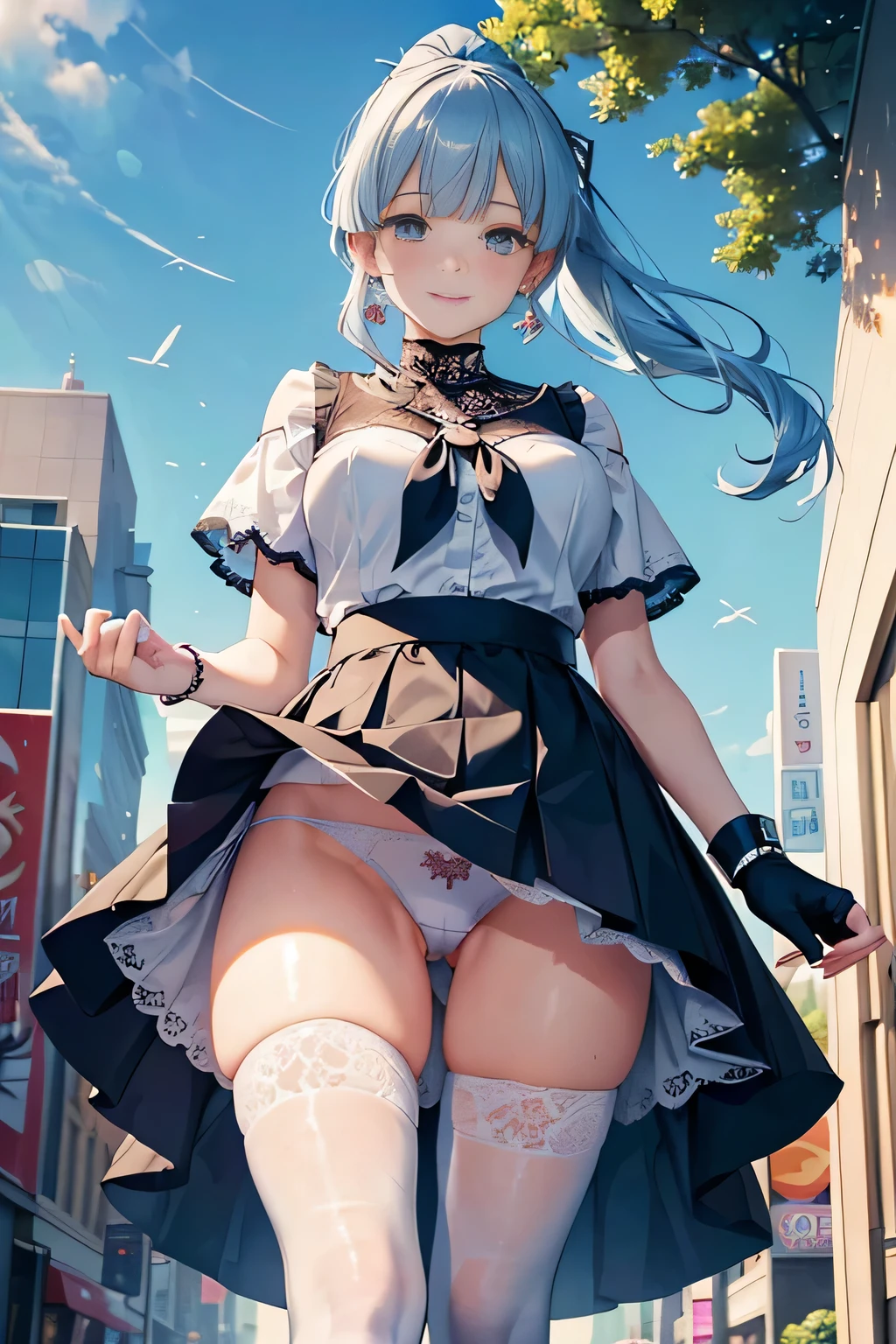 (Vulgar,nsfw),(skirt lift,very windy),(beautiful elegant white panties),very low angle,from below),((masterpiece, highest resolution,best quality)), (beautiful illustration), ((Kamisato Ayaka in Genshin Impact)), ((semi long beautiful silver blue hair,blunt bangs,pony tail,beautiful blue eyes)),(solo),(beautiful elegant office blouse and black skirt,skirt lifted by herself,own hands),(looking at the viewer), (walking around the shopping mall),
(innocent smile, Embarrassed),(white over-kneehighs,Lace chalker, wristband, fingerless gloves, over-kneehighs,
Lace chalker, diamond necklace,wristband, fingerless gloves, earrings), (cinematic lighting, very windy),shopping mall,big city,busy street,day,blue sky,flowers and trees,crowded,(from the ground),(beautiful elegant Underwear patterns),