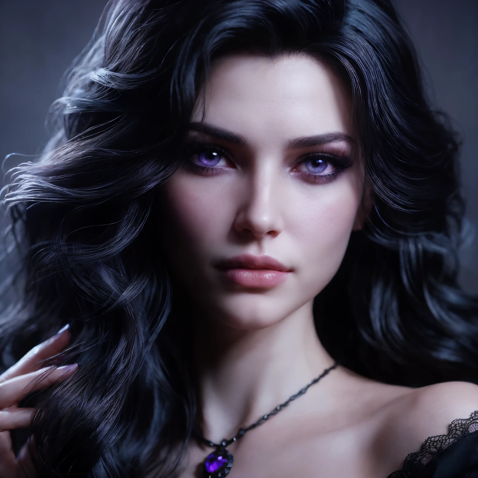 Yennefer of Vengerberg, black bra, oil painting portrait, art by Ana Bocek, Michael Komarck, andreas rocha, intricately detailed fluid gouache painting, sensual and alluring, in her 30's, long black hair, stunnigly beautiful, perfect eyes, Procreate, depth of field, ray tracing, whimsical, detailed, highly detailed :: vibrant :::production cinematic character render :: ultra high quality model soft lighting :: mystical indirect light