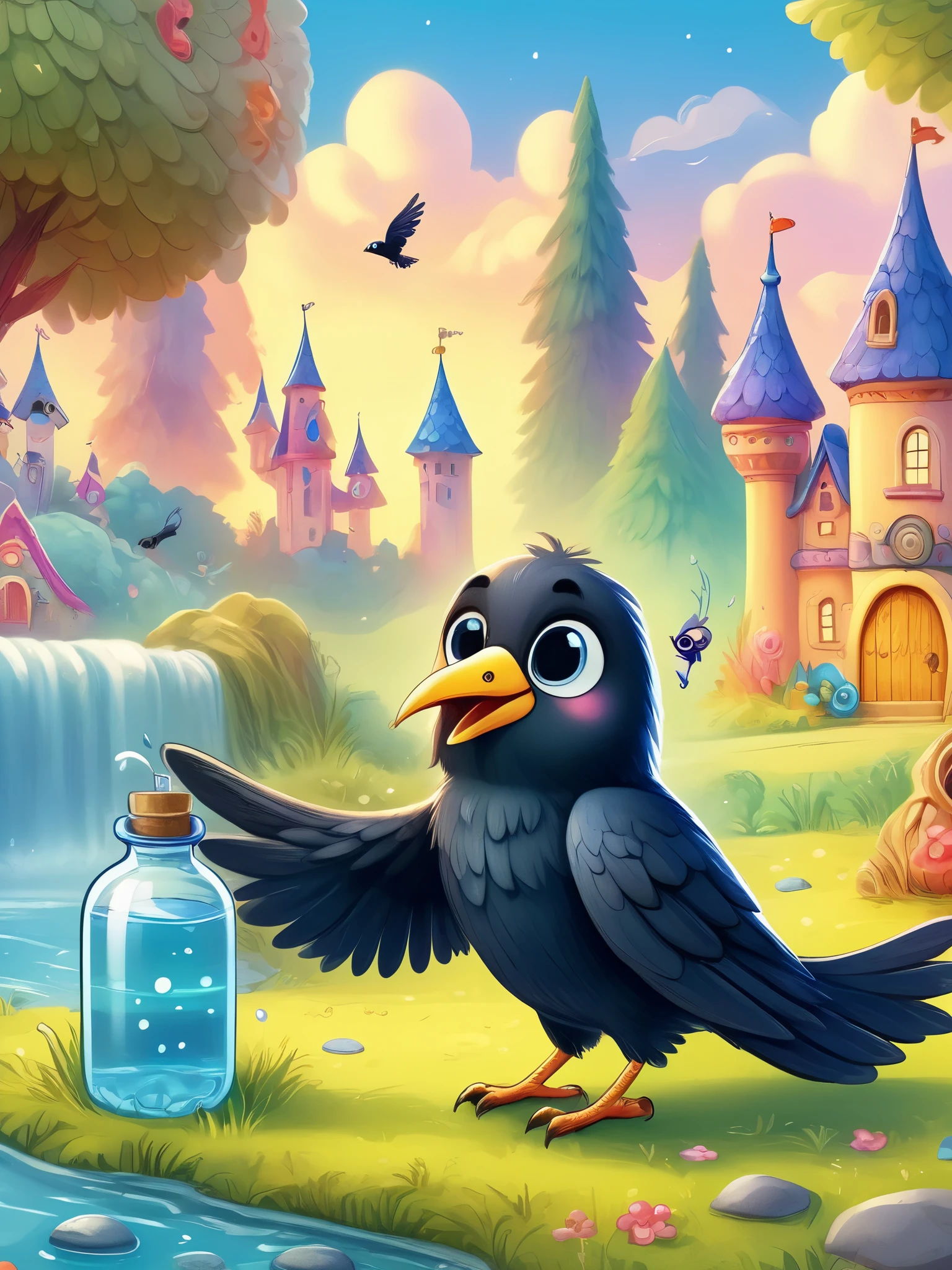 (best quality, 8k, ultra-detailed, realistic:1.37), 1cute, solo,big-eyed cartoon bird (1 crow) standing in front of a castle, with a small river and colorful children's book illustrations. The bird is holding a glass bottle in its beak. The illustrations depict a magical world filled with vibrant colors and adorable characters. The background shows a magical laboratory. The bird is anthropomorphized and resembles the main character from a children's storybook. The artwork is created in a cute and detailed digital art style. The bird is anatomically correct and the image is a masterpiece.