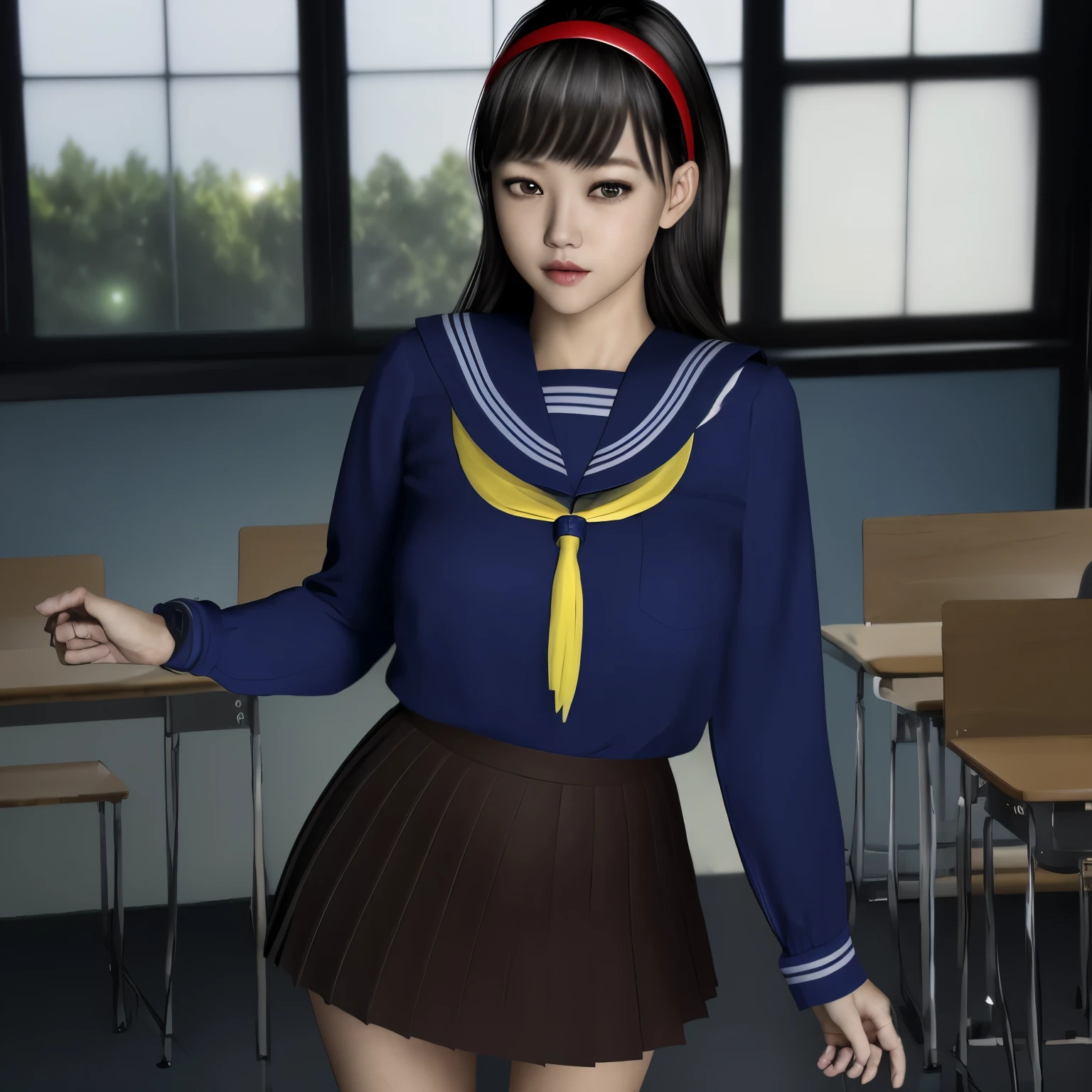 (Detailed CG、unity、8k wallpaper)、(very delicate and beautiful)、(masterpiece)、(highest quality:1.2)、(超A high resolution:1.3)、(beautiful realistic asian),beautiful lighting、perfect lightning、realistic shadow、fine skin、Super detailed、detailed face and eyes、realistic eyes、sharp pupils、Huge , inside the classroom、School、sunset、beautiful face、blurred background、(japanese woman)、shiny skin、side up、beautiful black hair、dull bangs、Japan High School Sailor Uniform、pleated mini skirt、gentle smile, ((table top, highest quality)), (shiny skin), cinematic lighting, Physically based rendering, award-winning, highly detailed skin, highly detailed face, Beautiful eyes in every detail, Carl Zeiss 85mm F/1.4, (Cowgirl:1.3), (cumin , on the chest and thighs), she&#39;To a very cute 16 year old , (brown hair, straight long hair, open your eyes, round face), big cleavage, (sailor blouse, Pull up the pleated skirt yourself:1.3), watching from a distance, (spread your legs, thigh focus),art by、