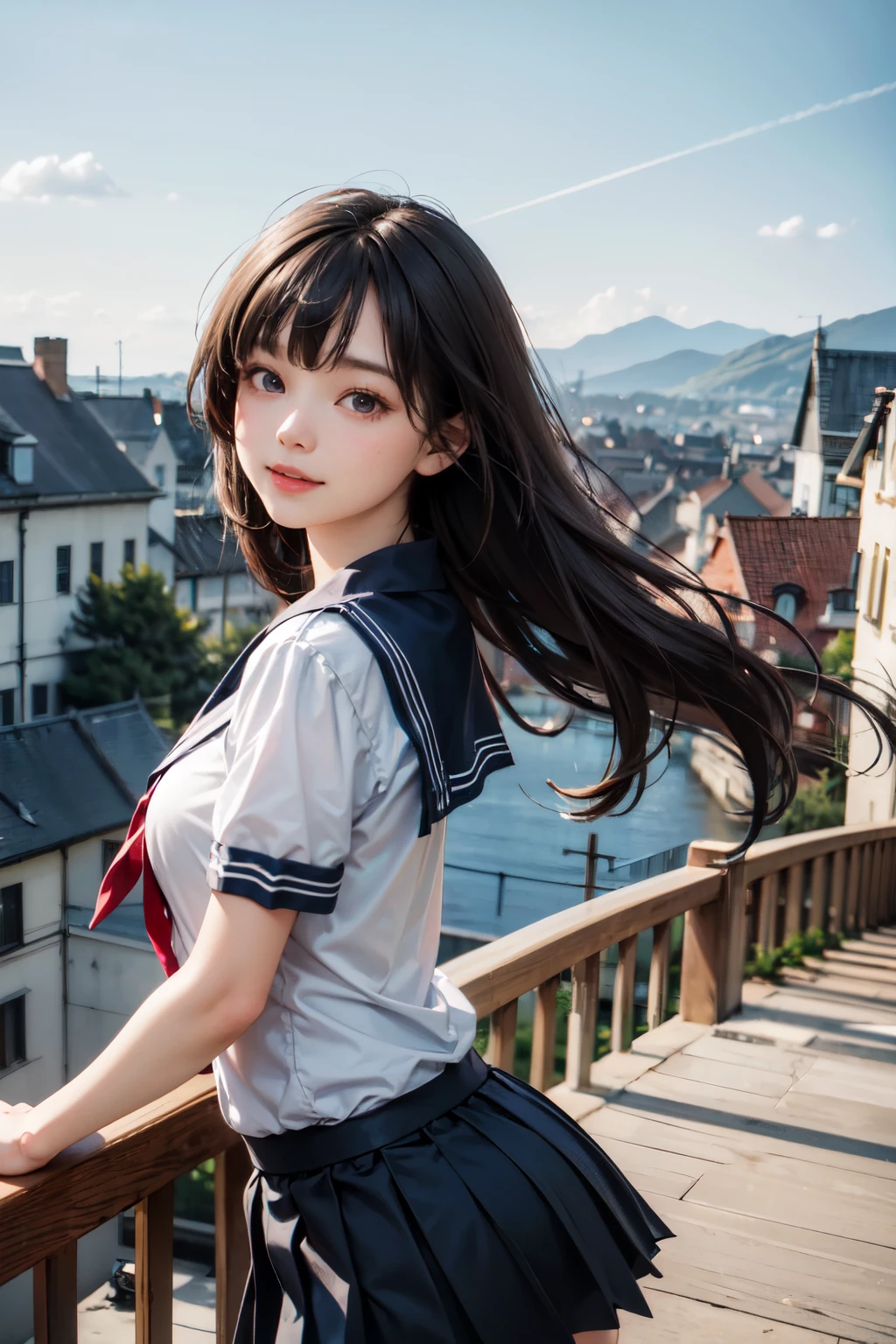 very cute and beautiful girl,teen,(highly detailed beautiful face),
(smile:1.2),happy,black hair,(sailor ,pleated navy blue mini skirt),dynamic pose,looking at viewer,
many european houses with red roof,(town overview:1.2),
(best quality,masterpiece:1.0),absurdres,highres,ultra-detailed,extremely detailed,32k,8k resolution,
intricate details,cinematic scene,detailed background,solo,dynamic angle,
solo,hair fluttering in the wind,beautiful detailed sky,