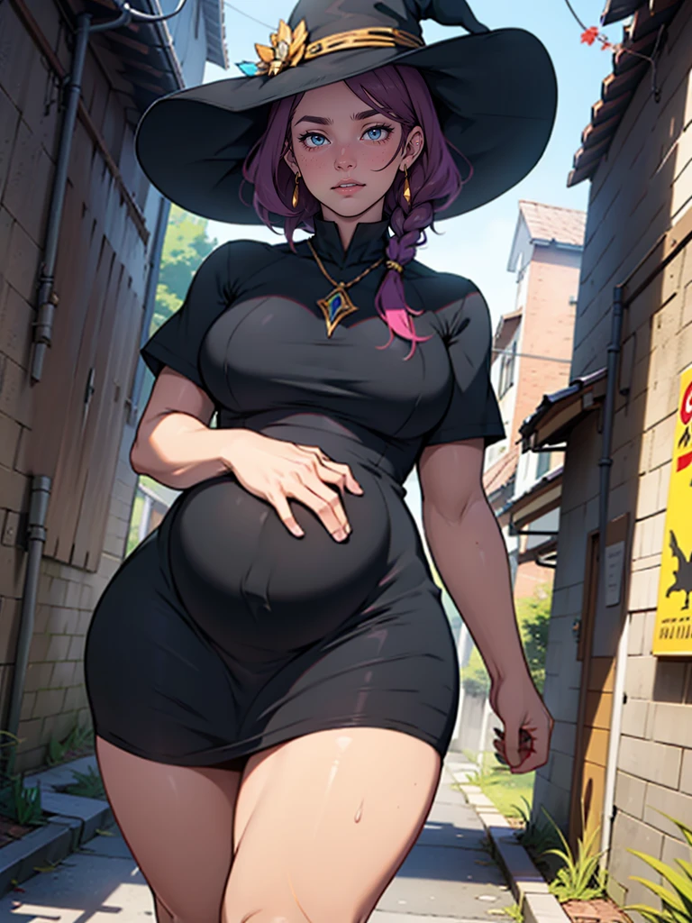 older woman, in their 30s, with long pink hair and tall, curvy body seen from behind, standing backwards, breasts big, Breasts huge, (work of art, best qualityer:1.2) wearing the legendary great black dress of the mystical sorceress, Big witch hat, standing alone, alone, cybernetic tattoo, pink massive hair