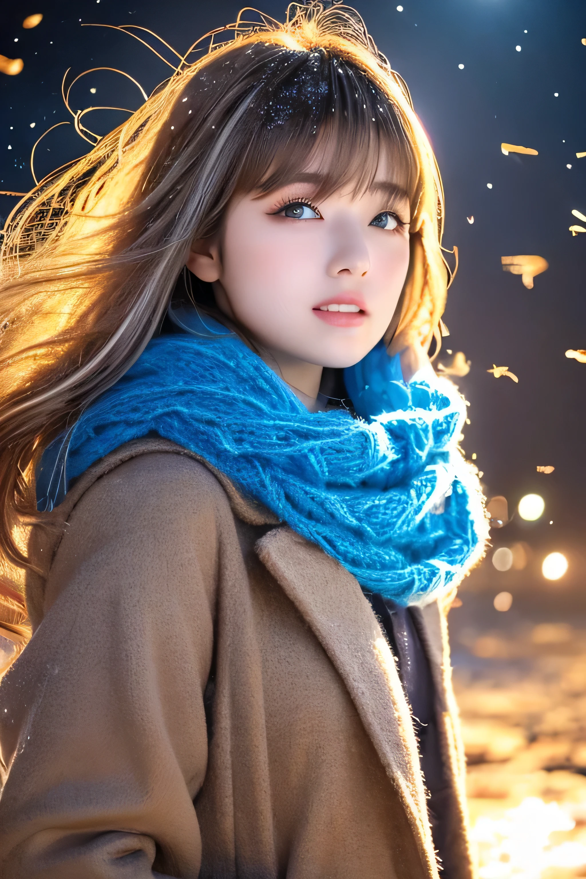 ((hair blowing in the wind、No makeup:1.2))、(realistic、Photoreal、super detailed、best detailed skins、highest quality、masterpiece、超A high resolution)、cute russian woman、、high school girl、young girl、1 girl、have bangs、ash blonde:1.7、double eyelid、drooling eyes、Japanese style face、purity、realistic skin type、thick muffler、Gray muffler、fluffy hair、((There's hair in the scarf:1.3))、red cheeks、The wind is blowing、It's snowing、night、illumination、lighting from behind、hair blowing in the wind