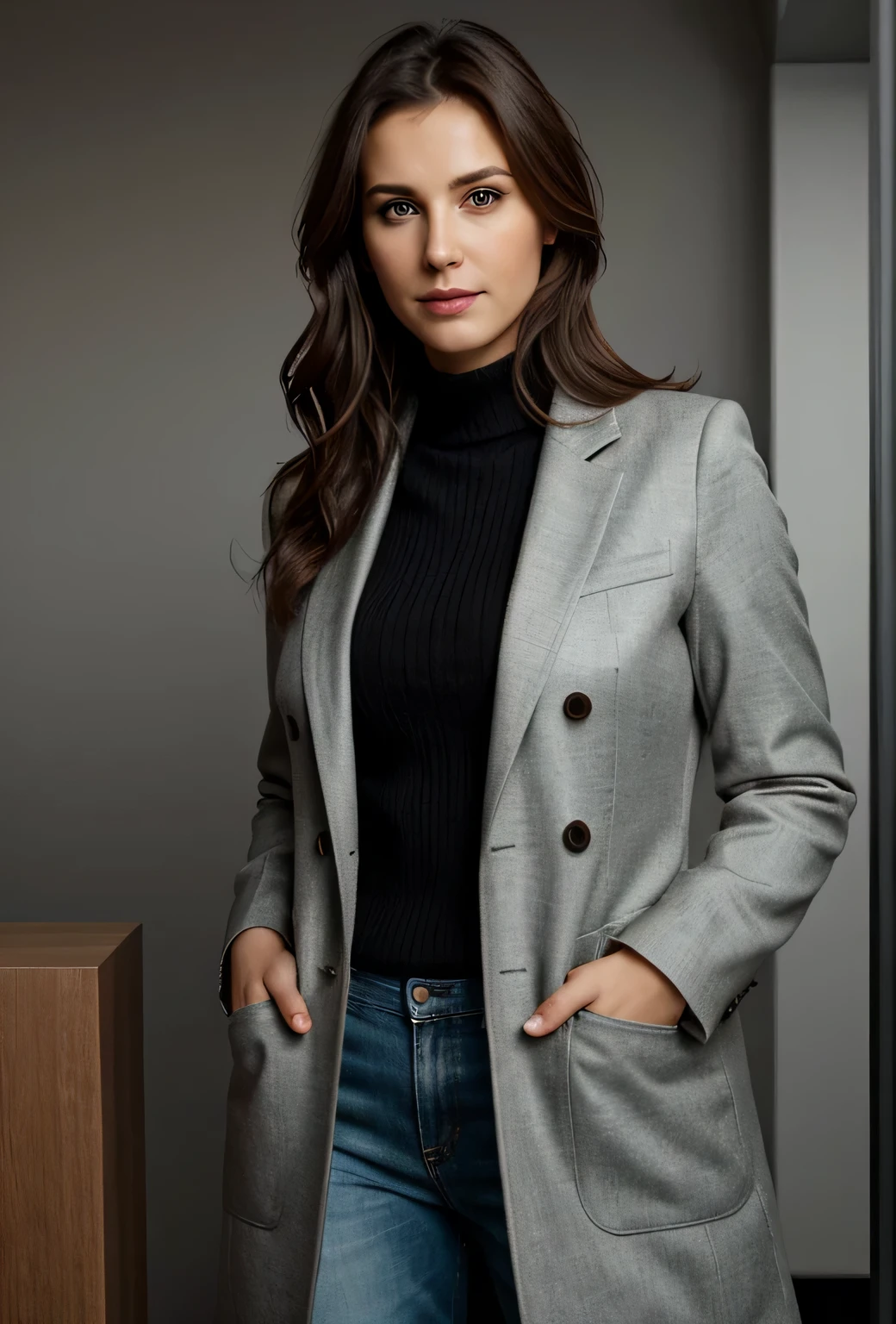 Mature woman, 30 years old, brown hair, european woman, full body in picture, multiple views, zoom out, serious, beautiful, cool, realistic hair, green eyes, discreet pose, european eyes, medium construction, medium round ass, medium long coat, beautiful clothes, cute black suit, modern office, bar on cover, masterpiece, ultra high res, (photorealistic: 1.4), raw photo, ultra realistic, detailed background, refined, detailed, realistic face, detailed face, realistic skin, (RAW photo, best quality), extremely detailed, CG, unit, amazing, fine details, light smile, extremely detailed CG 8k wallpaper unit, huge file size, ultra-detailed, highres, absurdres, soft light, half body, photo without background