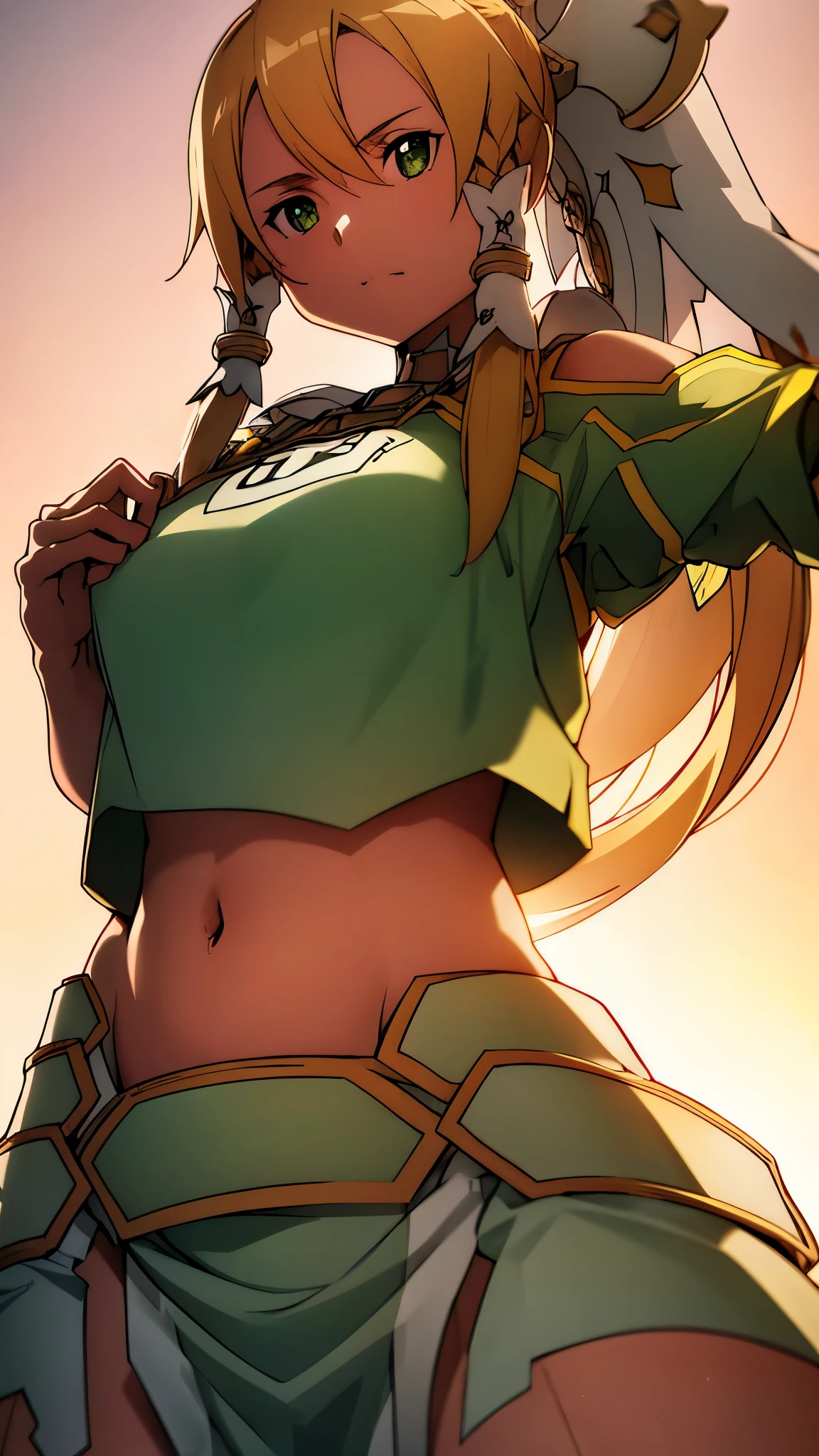 ultra-detailed, masterpiece, best quality, high resolution, female, flashing belly, showing a glimpse of navel a little, wearing a long t-shirt, lifting up shirt a little, from below, looking down on, teasing