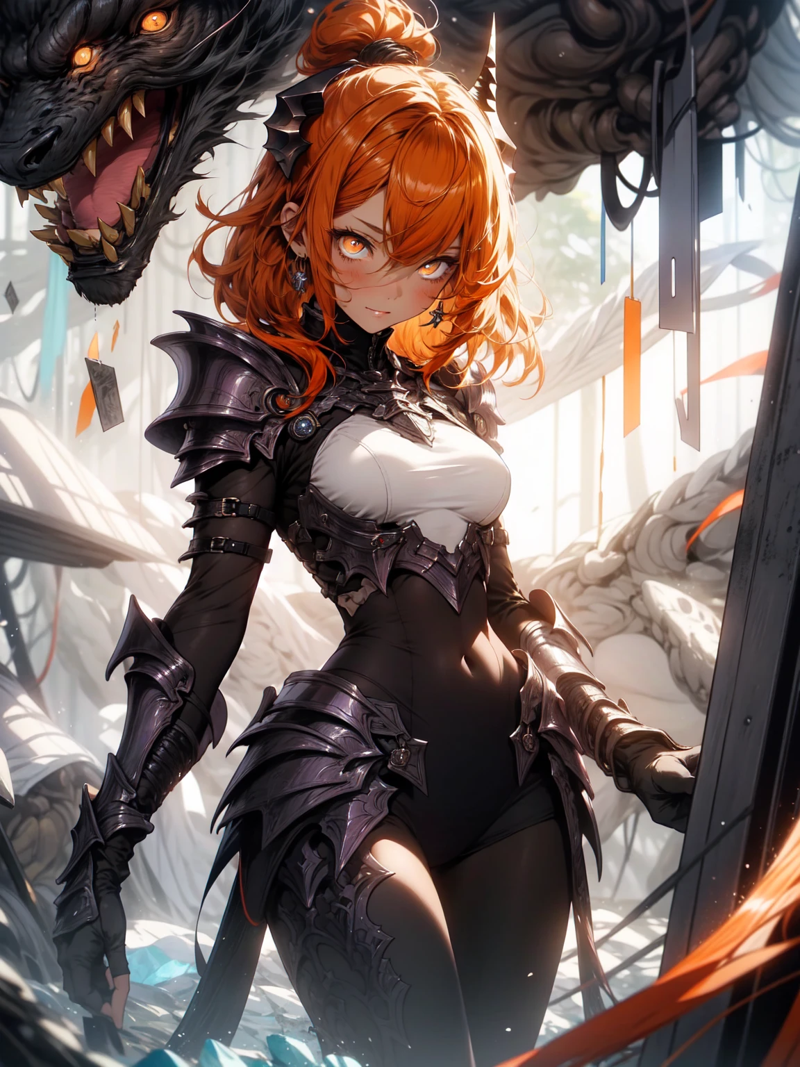 be realistic，（masterpiece，highest quality，highest quality，very detailed，fractal art，most detailed，（abstract background：1.5）（1 girl），Kamimei，（Orange hair ponytail），（orange eyes shine、breasts get bigger，stunned)，Abyss Stick、crystallization，high leotard、sexy、Orange Machine Armor、tanned skin、demon horn、berserk、Armor Skirt