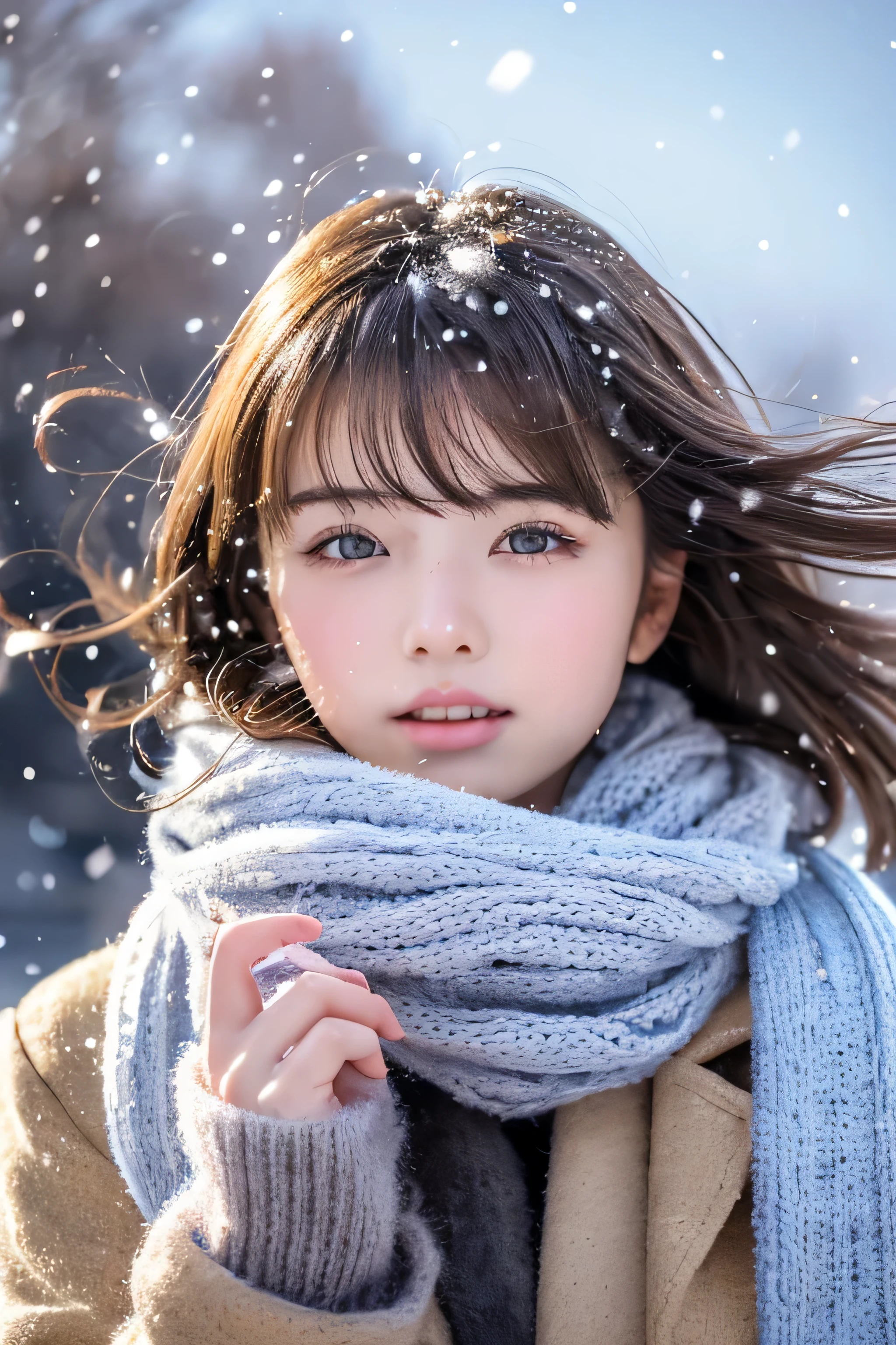 ((hair blowing in the wind、No makeup:1.2))、(realistic、Photoreal、super detailed、best detailed skins、highest quality、masterpiece、超A high resolution)、cute russian woman、14 years、high school girl、young girl、1 girl、have bangs、ash blonde:1.7、double eyelid、drooling eyes、Japanese style face、purity、realistic skin type、thick muffler、Gray muffler、fluffy hair、((There&#39;s hair in the scarf:1.3))、red cheeks、The wind is blowing、It&#39;s snowing、night、illumination、lighting from behind、hair blowing in the windがステキ、
