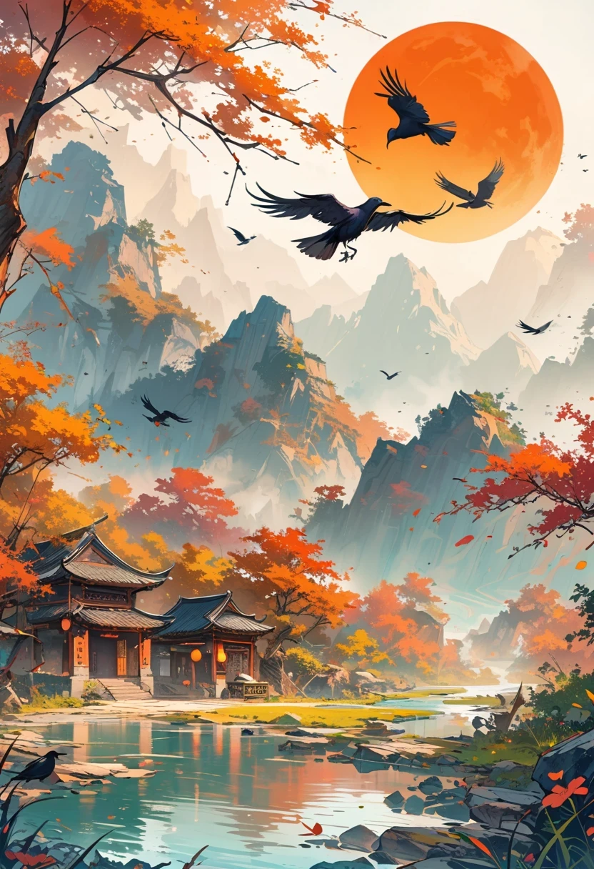 a chinese painting, Chinese background,(1 crow:1.5),In the sun,golden red sun,mountains, Xiangyun, masterpiece, Ultra-detailed, epic work, ultra high definition, high quality, Very detailed, official art, unity 8k wallpaper, Ultra-detailed, 32k