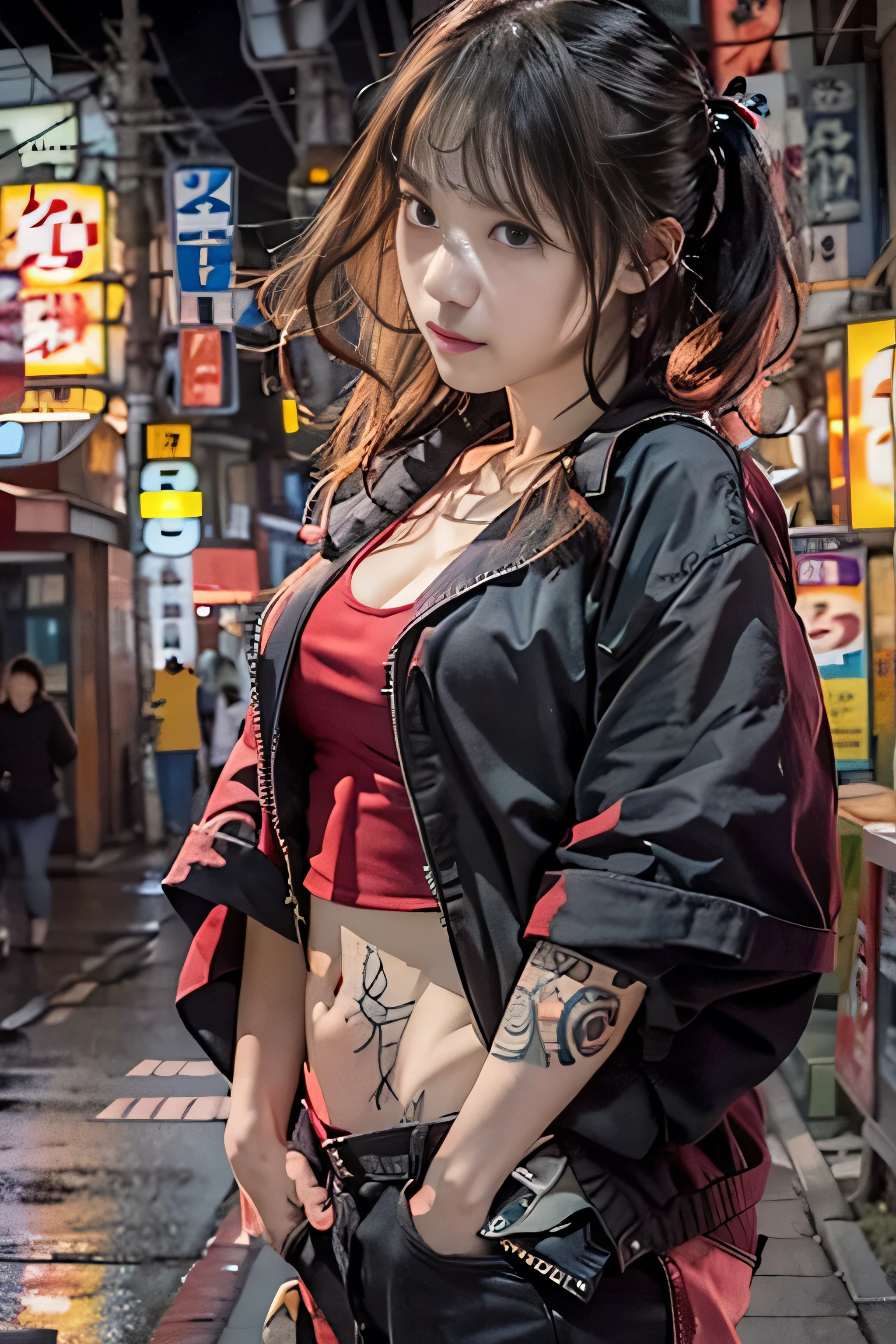 RAW image quality, Japanese, 14 years old, embarrassed expression, Girl and Horihada, Yakuza, japanese mafia, Background of Tokyo Red Light District, realistic, Photoreal, masterpiece, highest quality, Movie photo of a Japan cartel gang with tattoos, spectacular lighting, japanese Yakuza tattoo, Japanese art, Japanese culture, sexy, exotic, erotic, black micro bikini, low rise, cleavage, thin pubic hair, biologically correct,