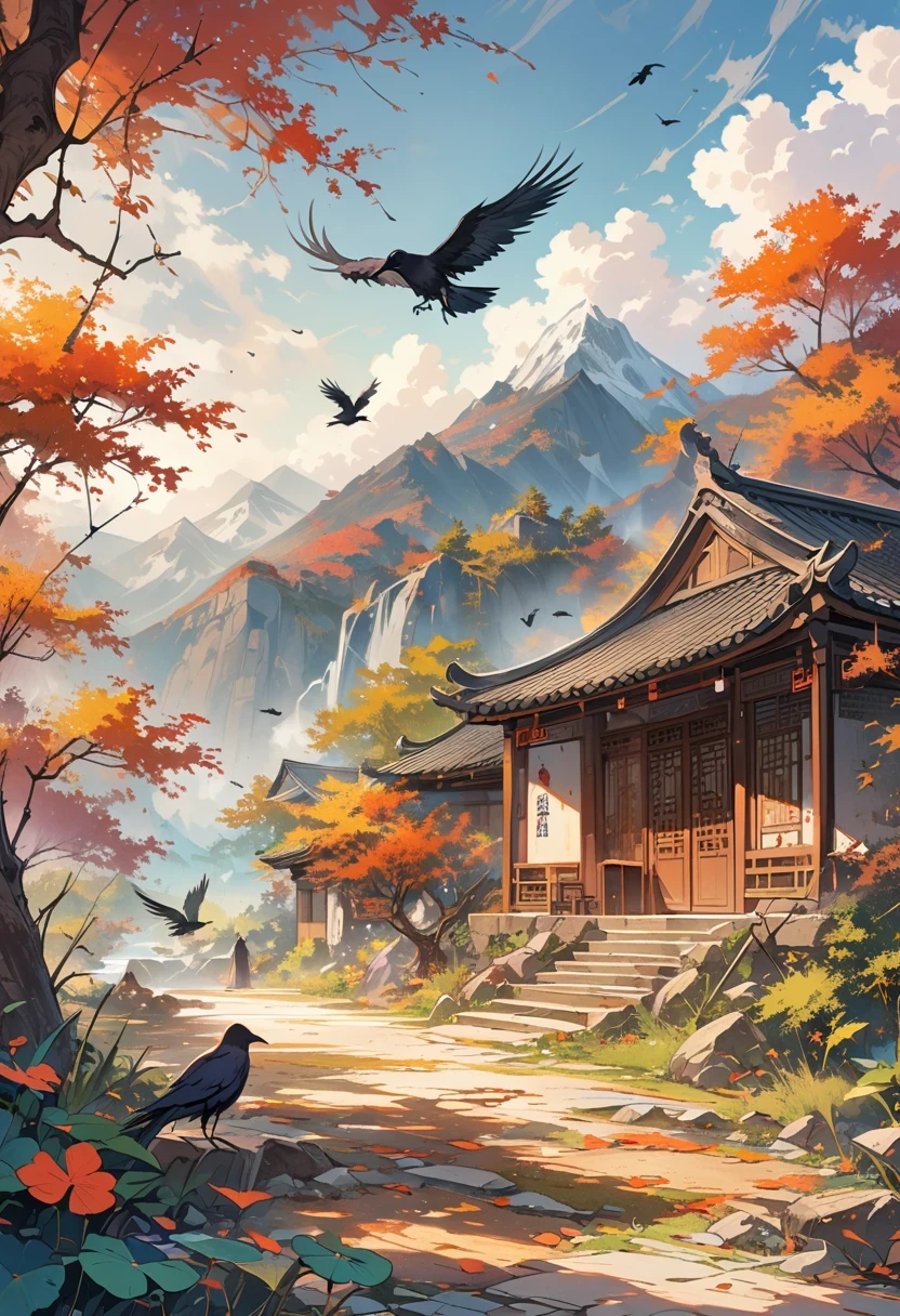 a chinese painting, Chinese background,(1 crow:1.5),In the sun,golden red sun,mountains, Xiangyun, masterpiece, Ultra-detailed, epic work, ultra high definition, high quality, Very detailed, official art, unity 8k wallpaper, Ultra-detailed, 32k