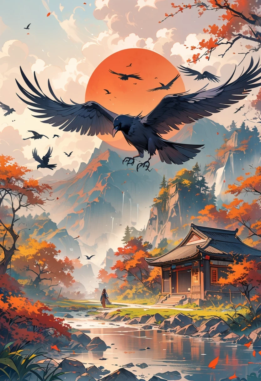 a chinese painting, Chinese background,(1 crow:1.5),In the sun,golden red sun,mountains, Xiangyun, masterpiece, Ultra-detailed, epic work, ultra high definition, high quality, Very detailed, official art, unity 8k wallpaper, Ultra-detailed, 32k