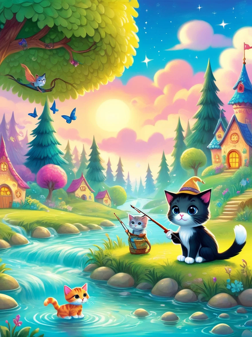 Show a scene from a children's book,In a fairytale setting,(1 kitten),(Holding a fishing rod),fishing by the river,This scene is whimsical,Full of color and vibrant details,This is typical of children's stories.,The environment is characterized by unique trees,Featuring bright skies and magical elements,Bright colors,Can stimulate children's imagination,Kitten has exaggerated,cute features,Attractive to young readers,The background should capture the essence of an interesting and fascinating story