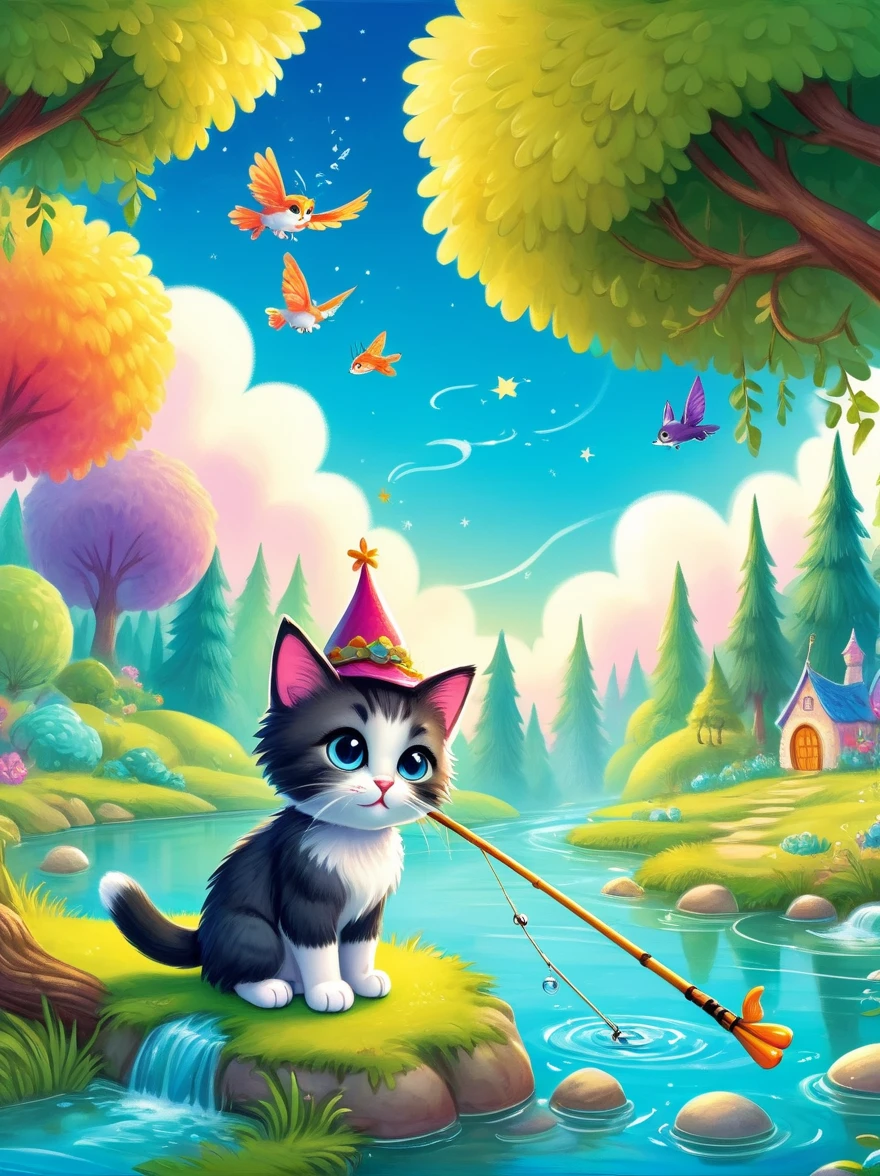 Show a scene from a children&#39;s book，In a fairytale setting，(1 kitten)，(Holding a fishing rod)，fishing by the river，This scene is whimsical，Full of color and vibrant details，This is typical of children&#39;s stories.，The environment is characterized by unique trees，Featuring bright skies and magical elements，Bright colors，Can stimulate children&#39;s imagination，Kitten has exaggerated，cute features，Attractive to young readers，The background should capture the essence of an interesting and fascinating story