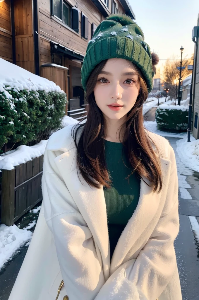 (best quality,highres,ultra-detailed),(realistic:1.37),portrait,painting,(oil painting:1.2),individual,young girl,23 years old,brown eyes,beautiful detailed eyes,beautiful detailed lips,extremely detailed eyes and face,long eyelashes,wavy brown hair,fine hair detailed,full figure,tall and slender body,confident pose,long hair tied up,short hair details,green winter clothing,stylish and fashionable outfit,wearing a trendy winter hat,model,standing on a snowy street,holding a snack in her hand,expressive and engaging eyes,alluring smile,sexy breasts,feminine curves,random photo pose,vivid colors,soft and warm lighting,cozy winter atmosphere