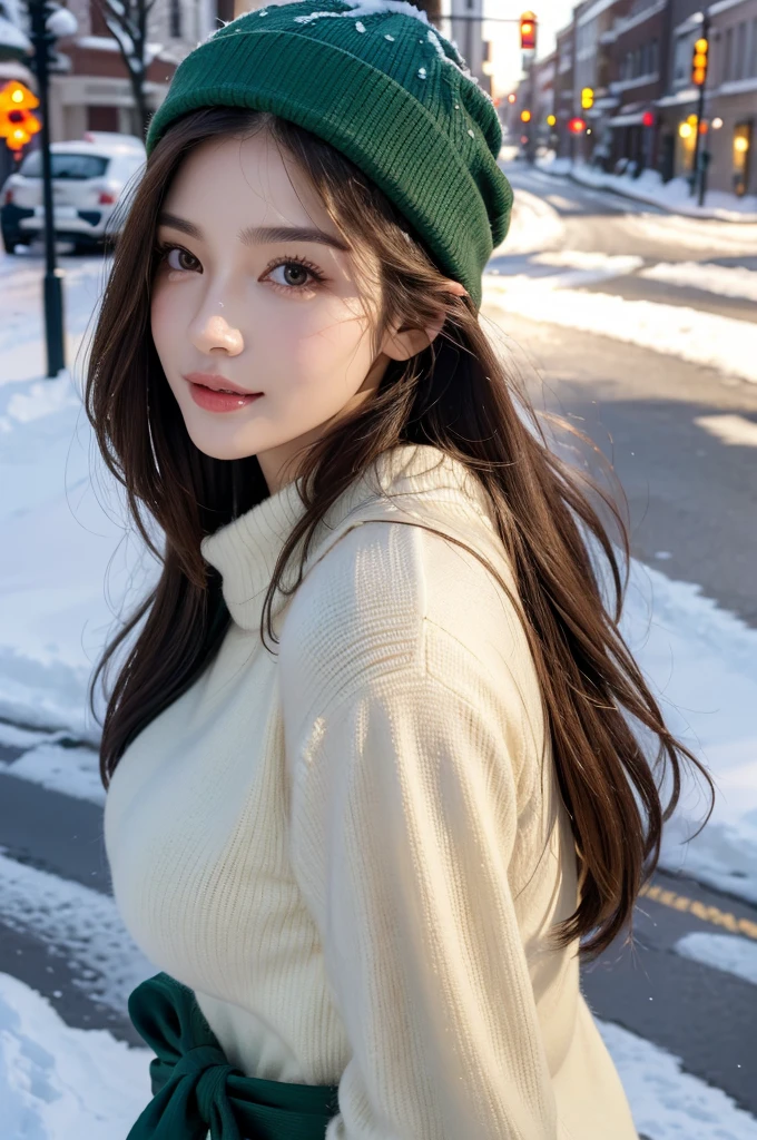 (best quality,highres,ultra-detailed),(realistic:1.37),portrait,painting,(oil painting:1.2),individual,young girl,23 years old,brown eyes,beautiful detailed eyes,beautiful detailed lips,extremely detailed eyes and face,long eyelashes,wavy brown hair,fine hair detailed,full figure,tall and slender body,confident pose,long hair tied up,short hair details,green winter clothing,stylish and fashionable outfit,wearing a trendy winter hat,model,standing on a snowy street,holding a snack in her hand,expressive and engaging eyes,alluring smile,sexy breasts,feminine curves,random photo pose,vivid colors,soft and warm lighting,cozy winter atmosphere