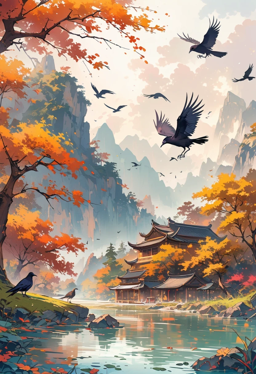 a chinese painting, Chinese background,(1 crow:1.5),In the sun,golden red sun,mountains, Xiangyun, masterpiece, Ultra-detailed, epic work, ultra high definition, high quality, Very detailed, official art, unity 8k wallpaper, Ultra-detailed, 32k