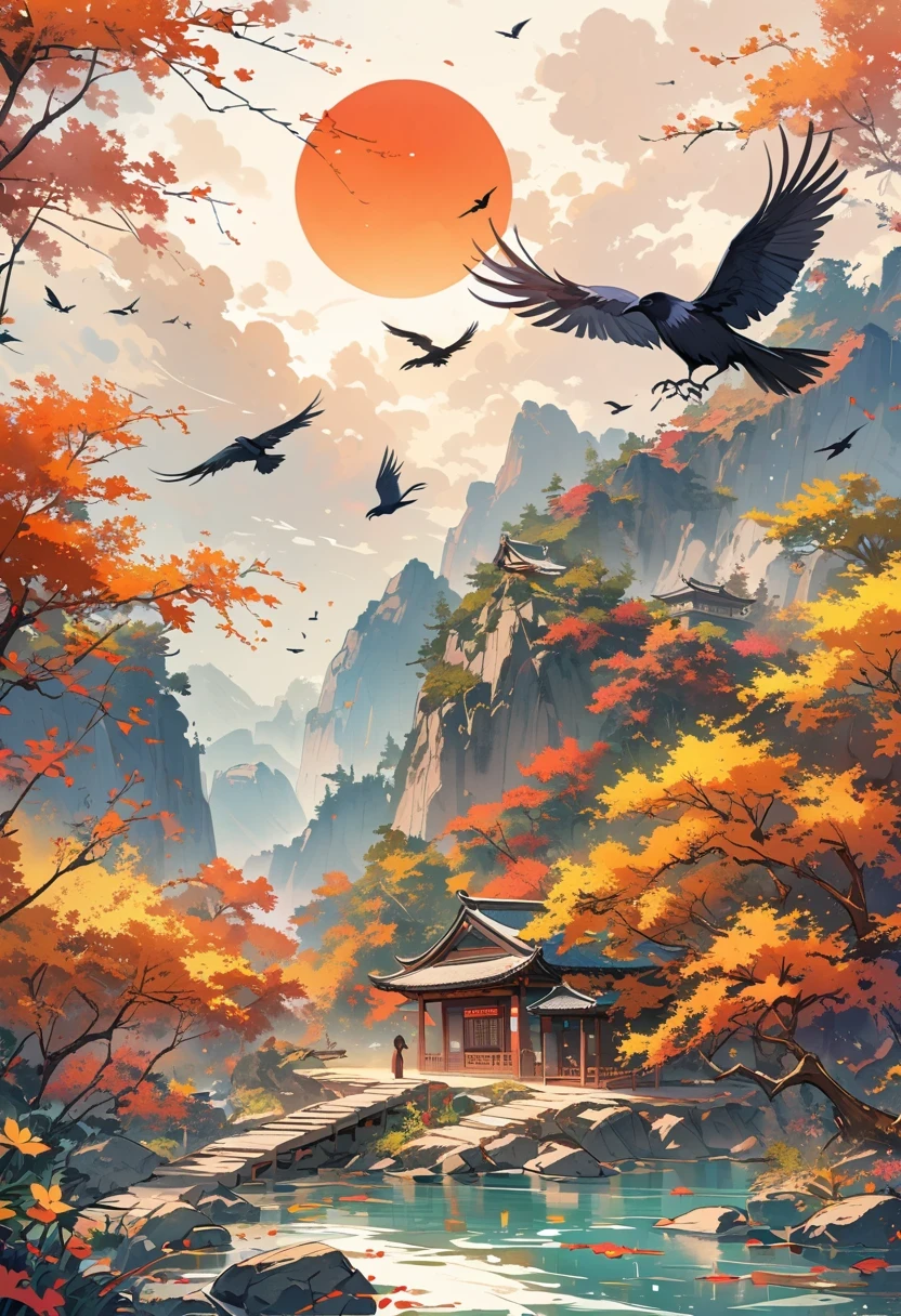 a chinese painting, Chinese background,(1 crow:1.5),In the sun,golden red sun,mountains, Xiangyun, masterpiece, Ultra-detailed, epic work, ultra high definition, high quality, Very detailed, official art, unity 8k wallpaper, Ultra-detailed, 32k