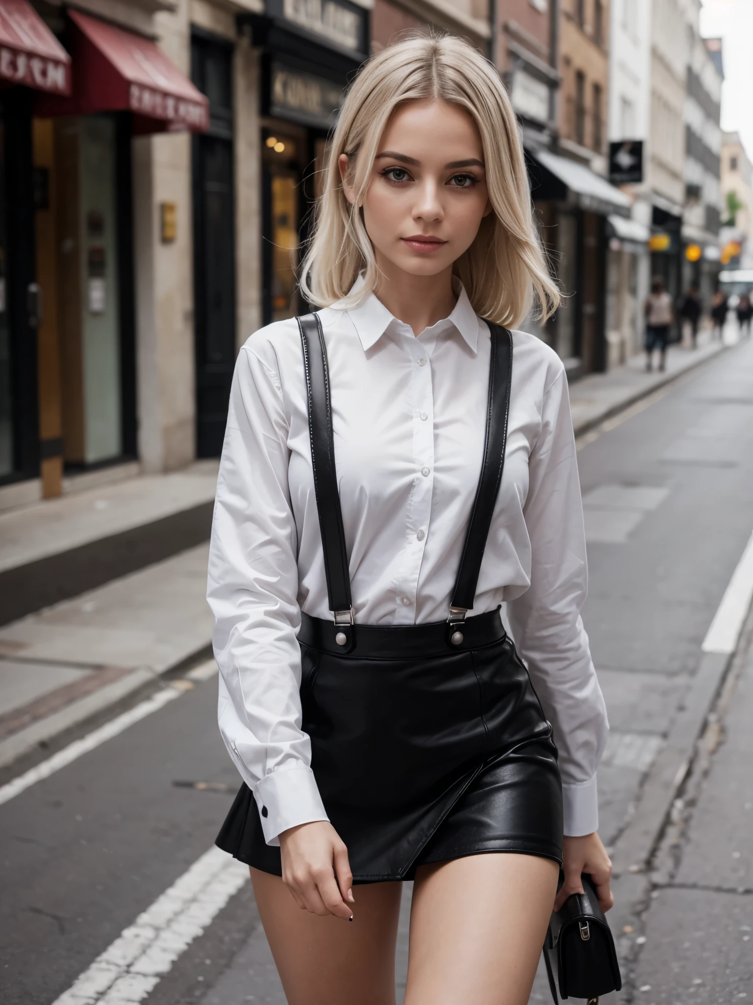 (best quality, high quality, sharp focus:1.4), european beautiful woman, ash white hair, shirt, empty street, (black skirt with suspenders:1.2), black skirt