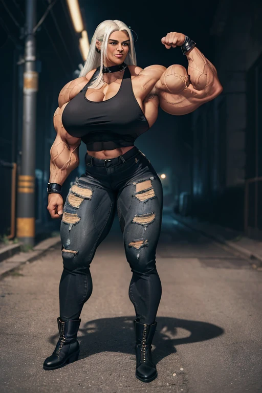 (((((Massive tall, beautiful, buff, brown skinned muscular woman with white hair, ginormous bulky muscles, and wearing a tight black cropped tank top with tight black denim pants))))), close view, massive muscle, massive biceps, hyper muscle shoulders, (massive muscle arms), vascular shoulders, hyper muscle triceps, (long straight hair), blue eyes, choker, (long fingerless gloves), chained belt, black boots, (in a pitch black alley), confidant smile, night, hyper vascular arm, hyper muscles arms, hyper muscle legs, (massive arms).