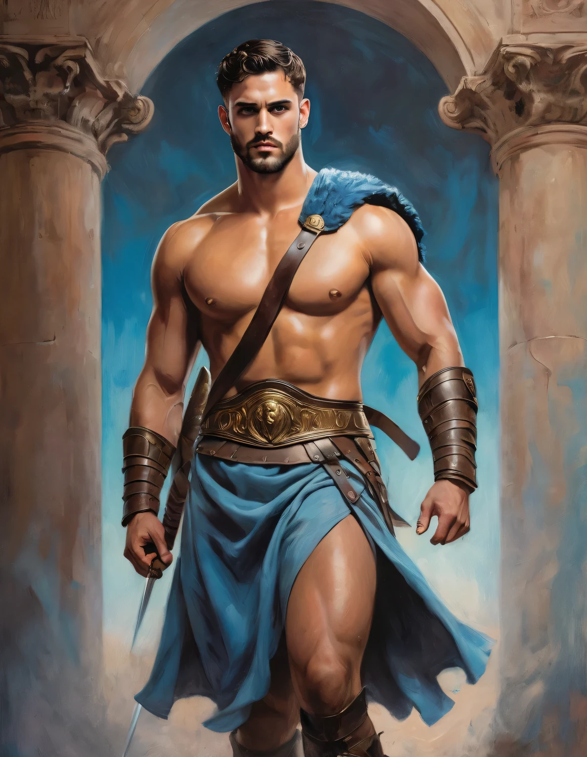 chiaroscuro technique on impressionist illustration of an masculine, 26-year-old Italian male model, handsome Roman, he is the god of war, he is Ares, Mars, evil-color, strong look, light blue eyes, strong jawline, dressed as a gladiator, ancient gladiator, male gladiator skirt, matte painting, by Harumi Hironaka, extremely soft colors, vibrant, pastel, highly detailed, digital artwork, high contrast, golden dramatic, refined, tonal, an intimate, titanic color