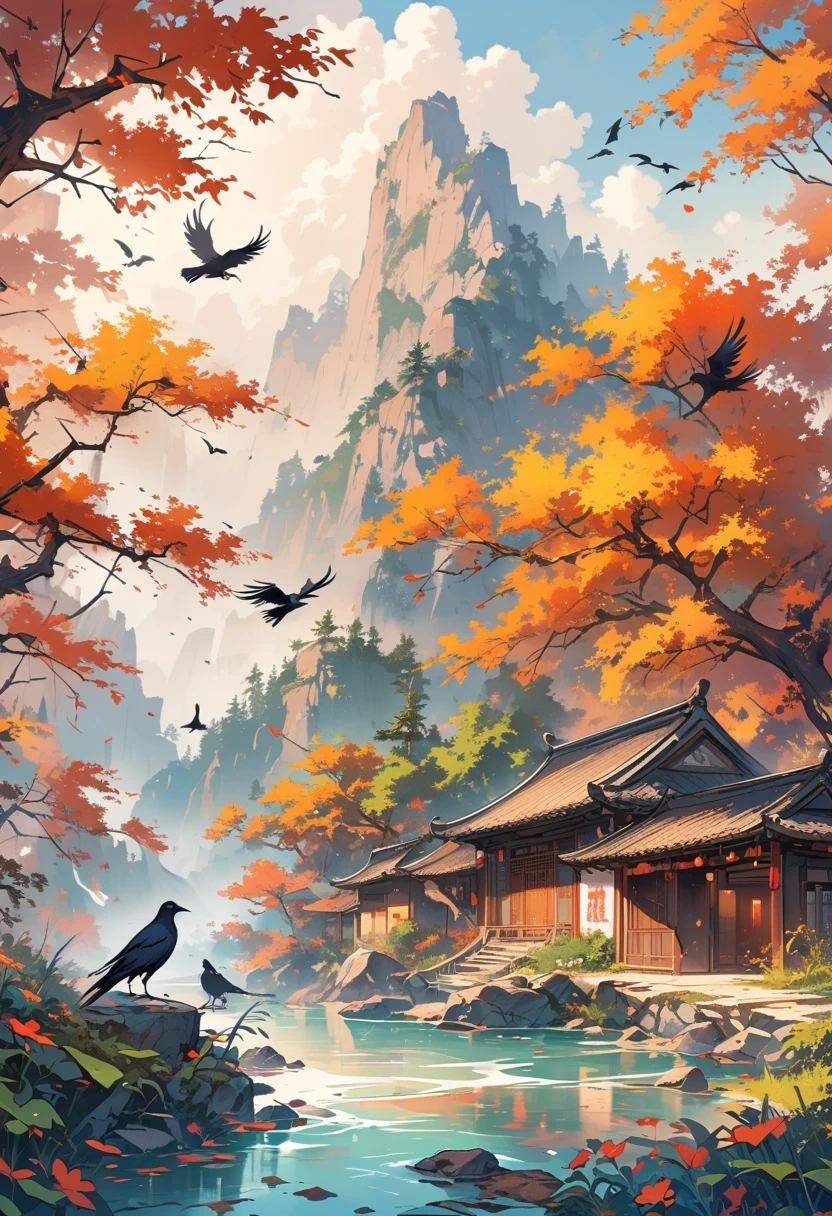 a chinese painting， Chinese background，(1 crow:1.5)，In the sun，golden red sun，mountains， Xiangyun， masterpiece， Ultra-detailed， epic work， ultra high definition， high quality， Very detailed， official art， unity 8k wallpaper， Ultra-detailed， 32k