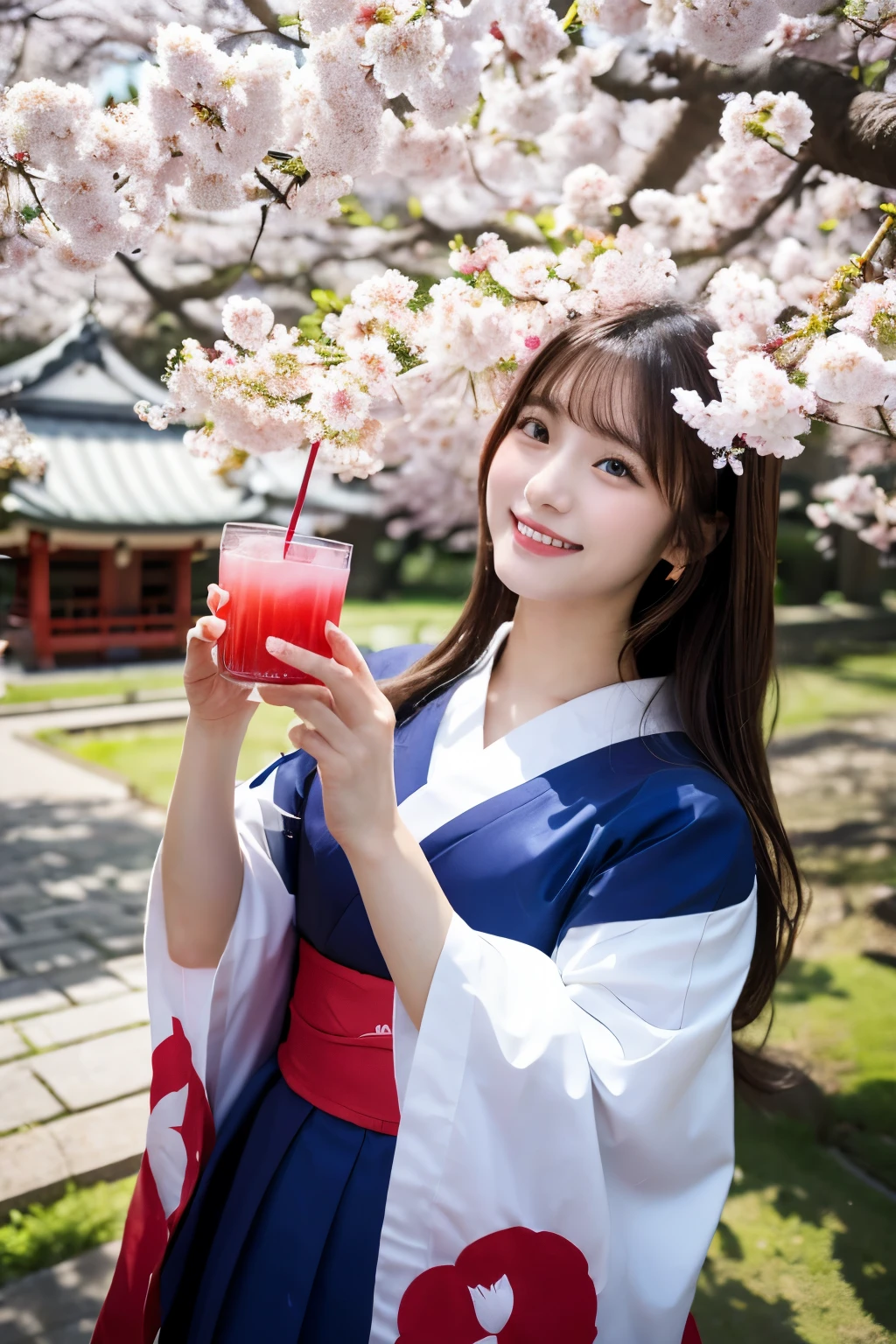 １girl、18-year-old、shrine maiden&#39;clothing、Climb a cherry tree and sit on the branch、anatomically correct、laughter、Cherry-blossom viewing、drink juice、Cherry tree in full bloom、Hanabubuki、blue sky、You can see a Japanese shrine in the distance.、dutch angle、Taken from below looking up、realistic、masterpiece、expensive and high quality、High resolution