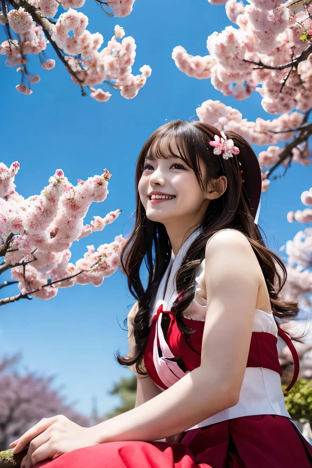 1girl、18-year-old、shrine maiden'clothing、Climb a cherry tree and sit on the branch、anatomically correct、laughter、Cherry-blossom viewing、drink juice、Cherry tree in full bloom、Hanabubuki、blue sky、You can see a Japanese shrine in the distance.、dutch angle、Taken from below looking up、realistic、masterpiece、expensive and high quality、High resolution