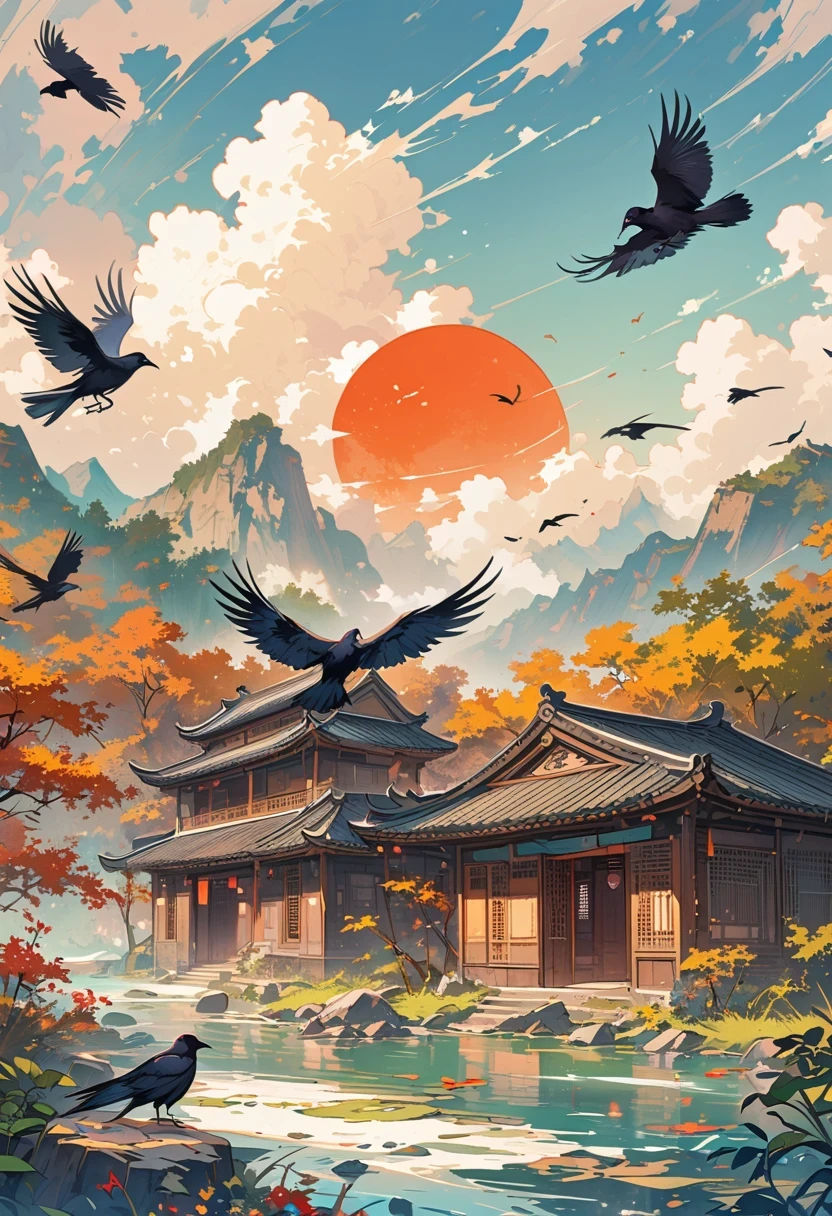 a chinese painting, Chinese background,(1 crow:1.5),In the sun,golden red sun,mountains, Xiangyun, masterpiece, Ultra-detailed, epic work, ultra high definition, high quality, Very detailed, official art, unity 8k wallpaper, Ultra-detailed, 32k