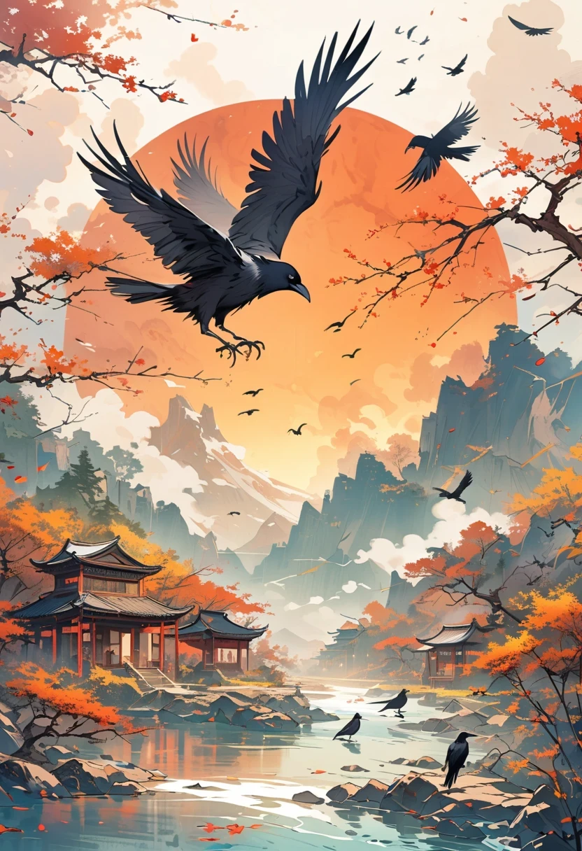 a chinese painting, Chinese background,(1 crow:1.5),In the sun,golden red sun,mountains, Xiangyun, masterpiece, Ultra-detailed, epic work, ultra high definition, high quality, Very detailed, official art, unity 8k wallpaper, Ultra-detailed, 32k